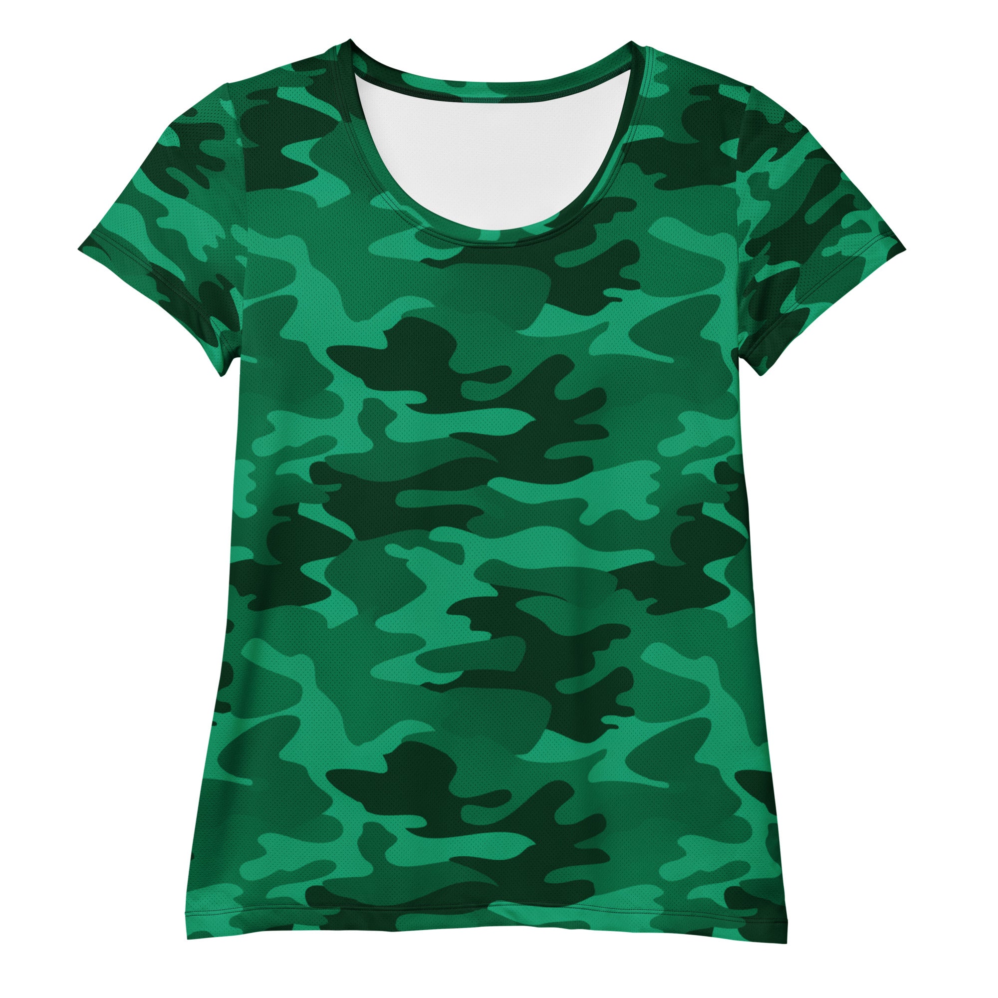 Women’s green camouflage short-sleeve performance t-shirt with scoop neckline lightweight moisture wicking fabric