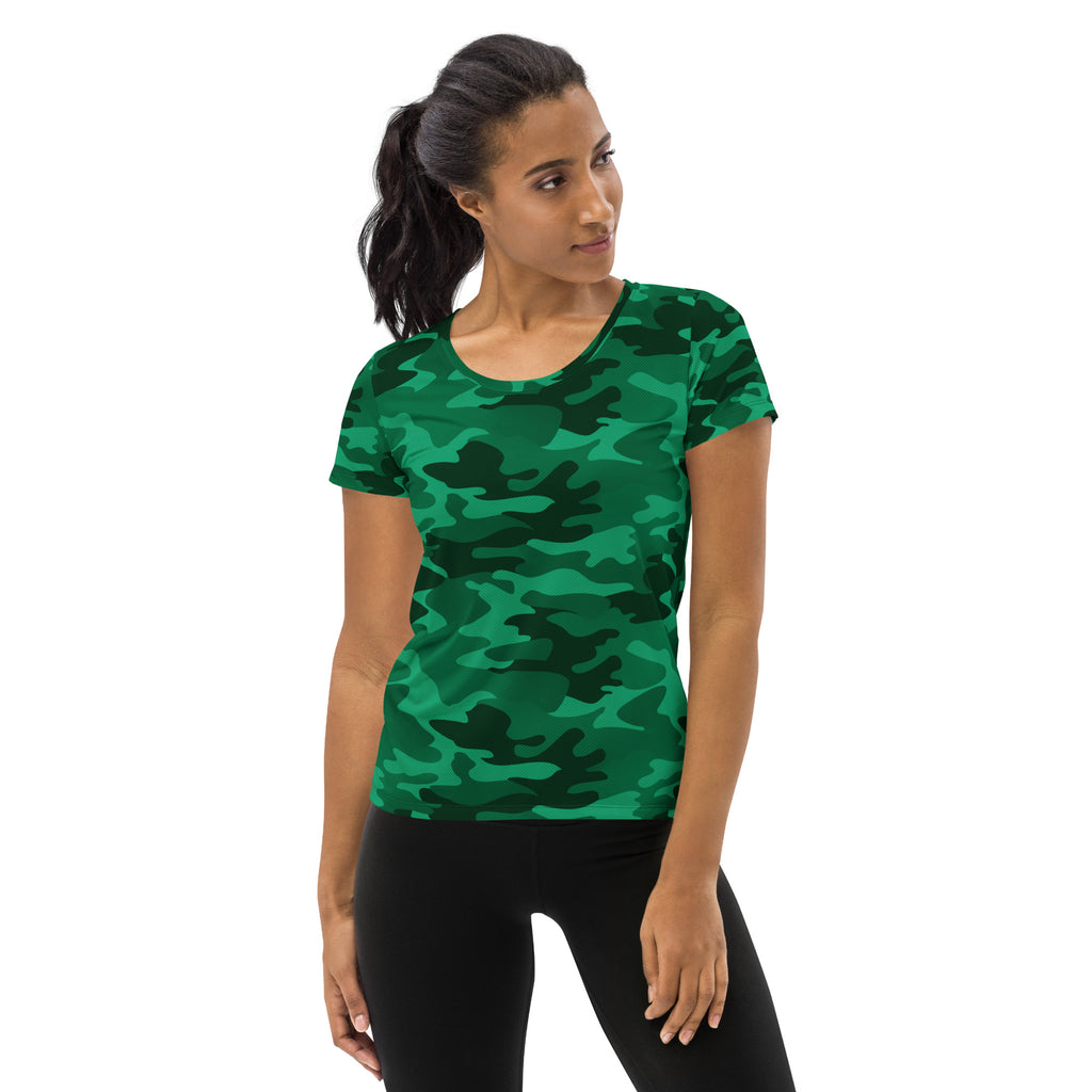 Women’s green camouflage performance short-sleeved t-shirt with lightweight moisture wicking fabric and upf 50+ protection