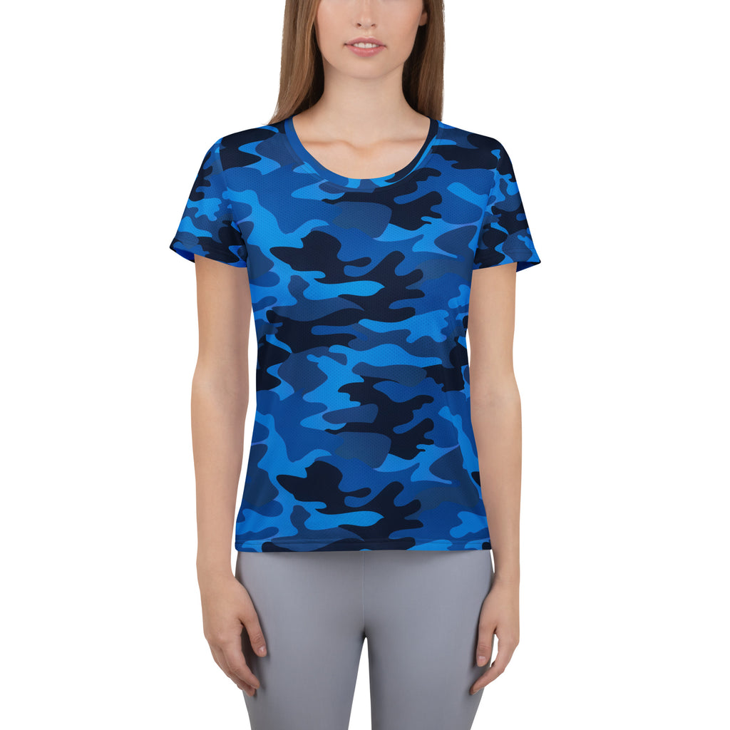 Women’s blue camouflage pattern performance athletic t-shirt with short sleeves and round neckline, moisture wicking and UPF 50+