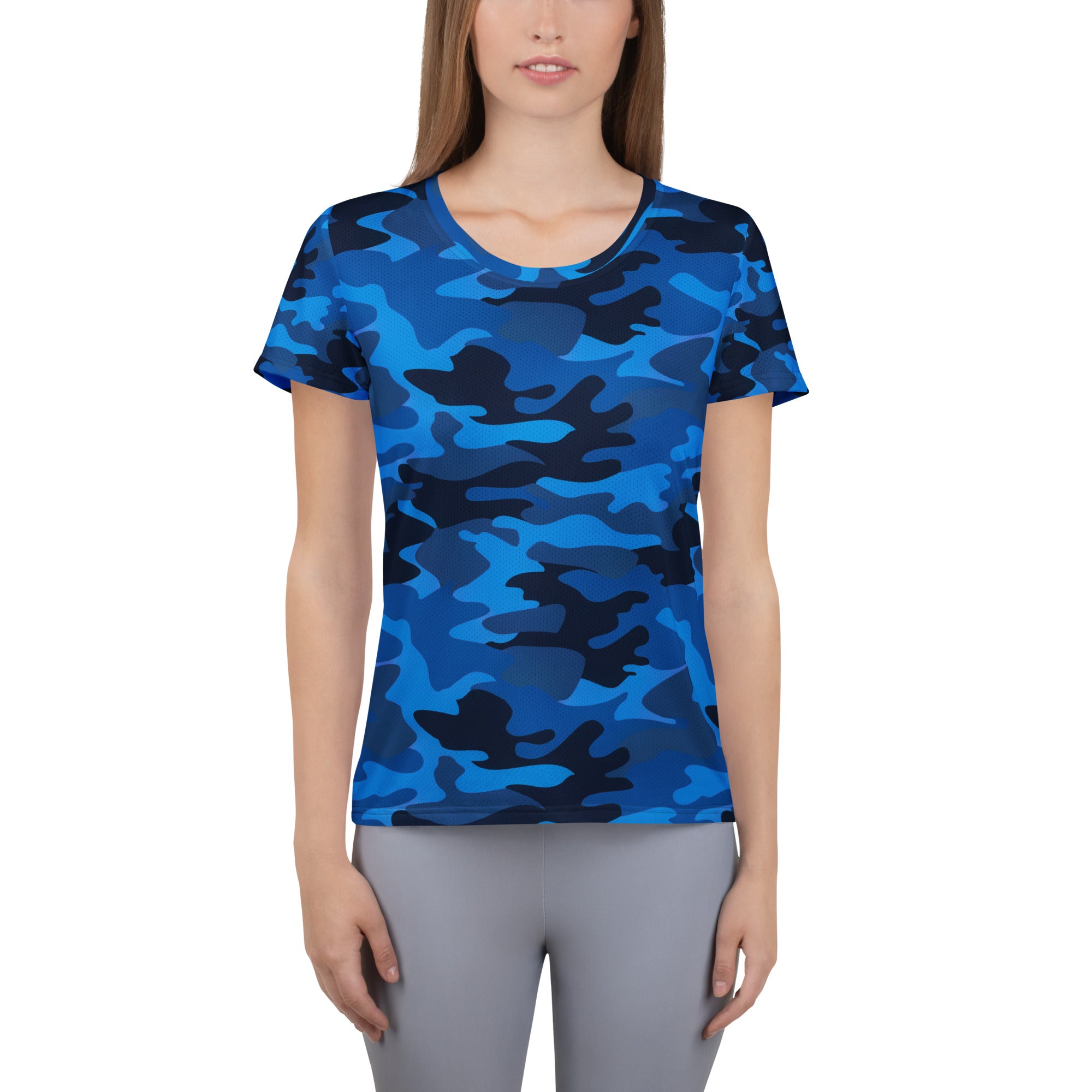 Women’s blue camouflage pattern performance athletic t-shirt with short sleeves and round neckline, moisture wicking and UPF 50+