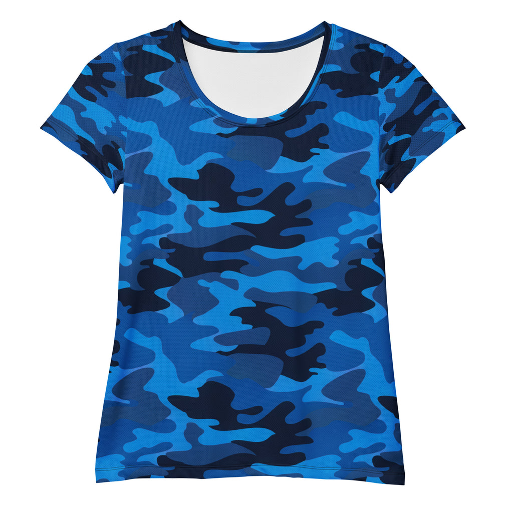 Women’s lightweight moisture wicking blue and black camouflage performance athletic t-shirt with scoop neckline and upf 50+