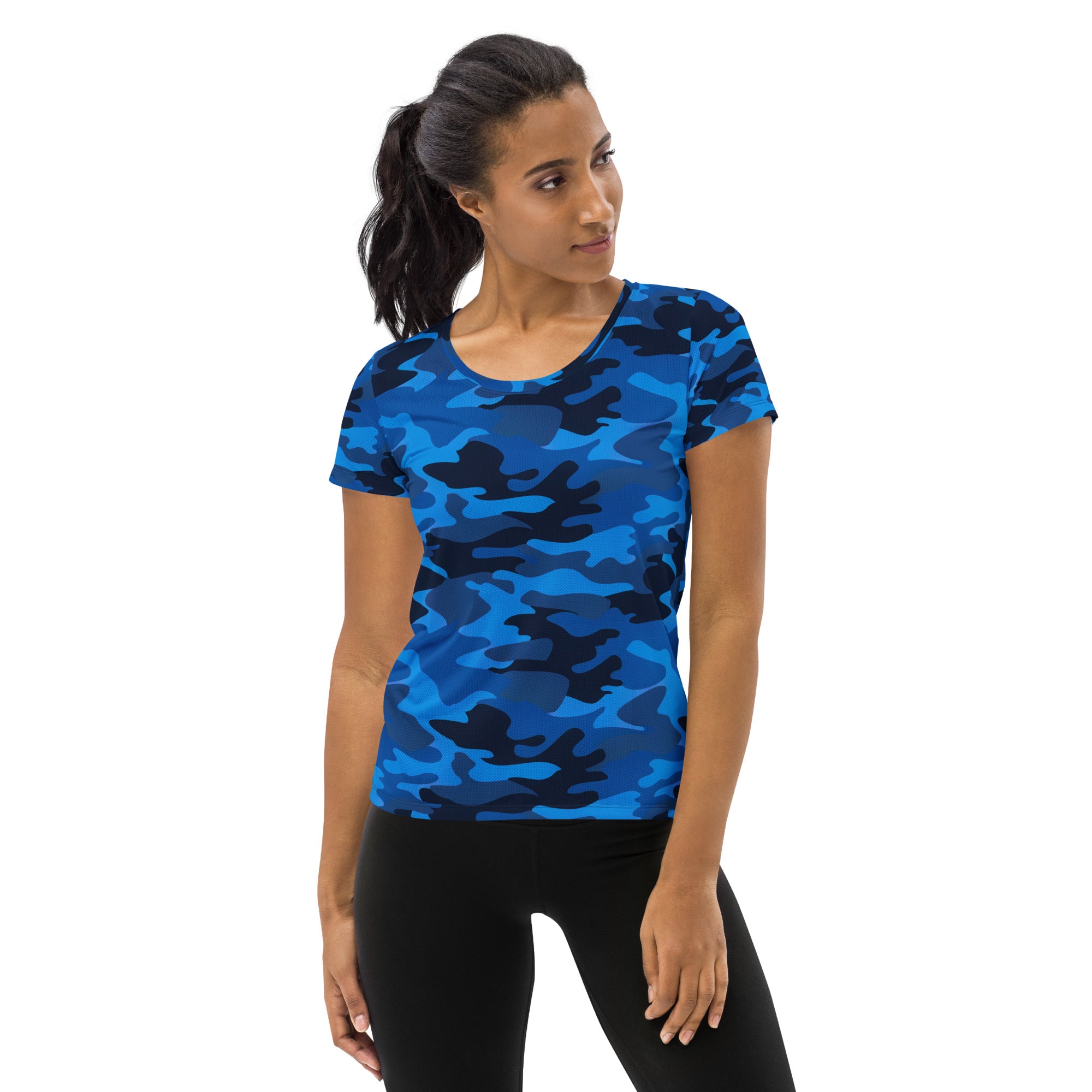 Women’s blue and black camouflage performance athletic t-shirt lightweight moisture wicking workout top with upf 50+