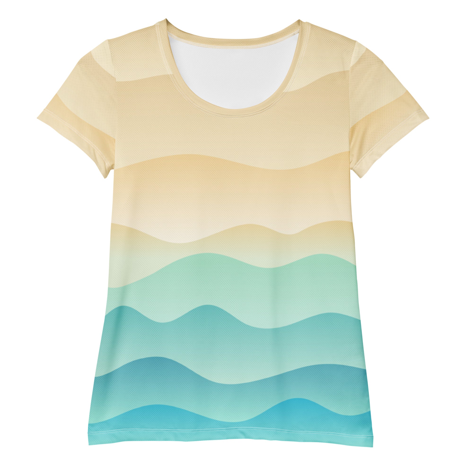 Women’s short-sleeved performance athletic t-shirt with beige to teal wavy gradient stripes, lightweight and moisture wicking