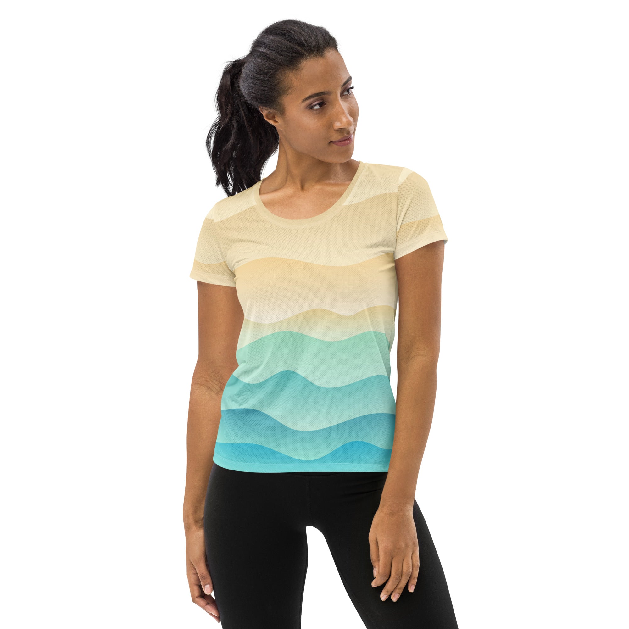 Women’s short-sleeved performance athletic t-shirt with beige to turquoise wave gradient, moisture wicking and UPF 50+ protection