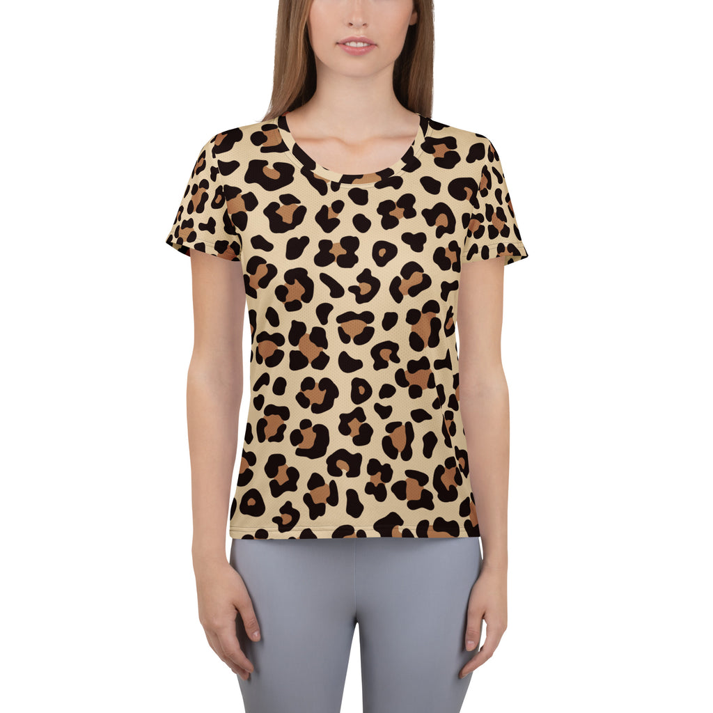 Women’s lightweight moisture wicking beige short-sleeved leopard print athletic t-shirt with upf 50 plus protection