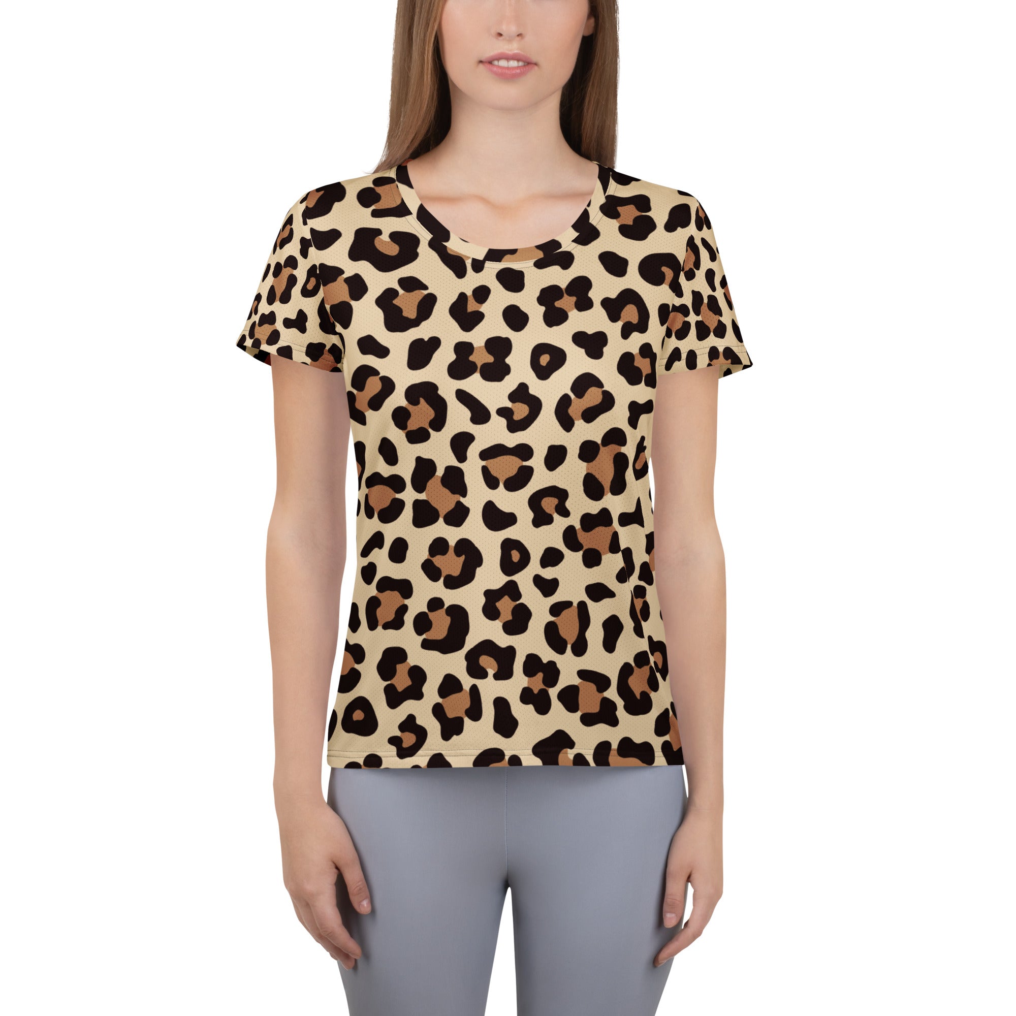 Women’s lightweight moisture wicking beige short-sleeved leopard print athletic t-shirt with upf 50 plus protection