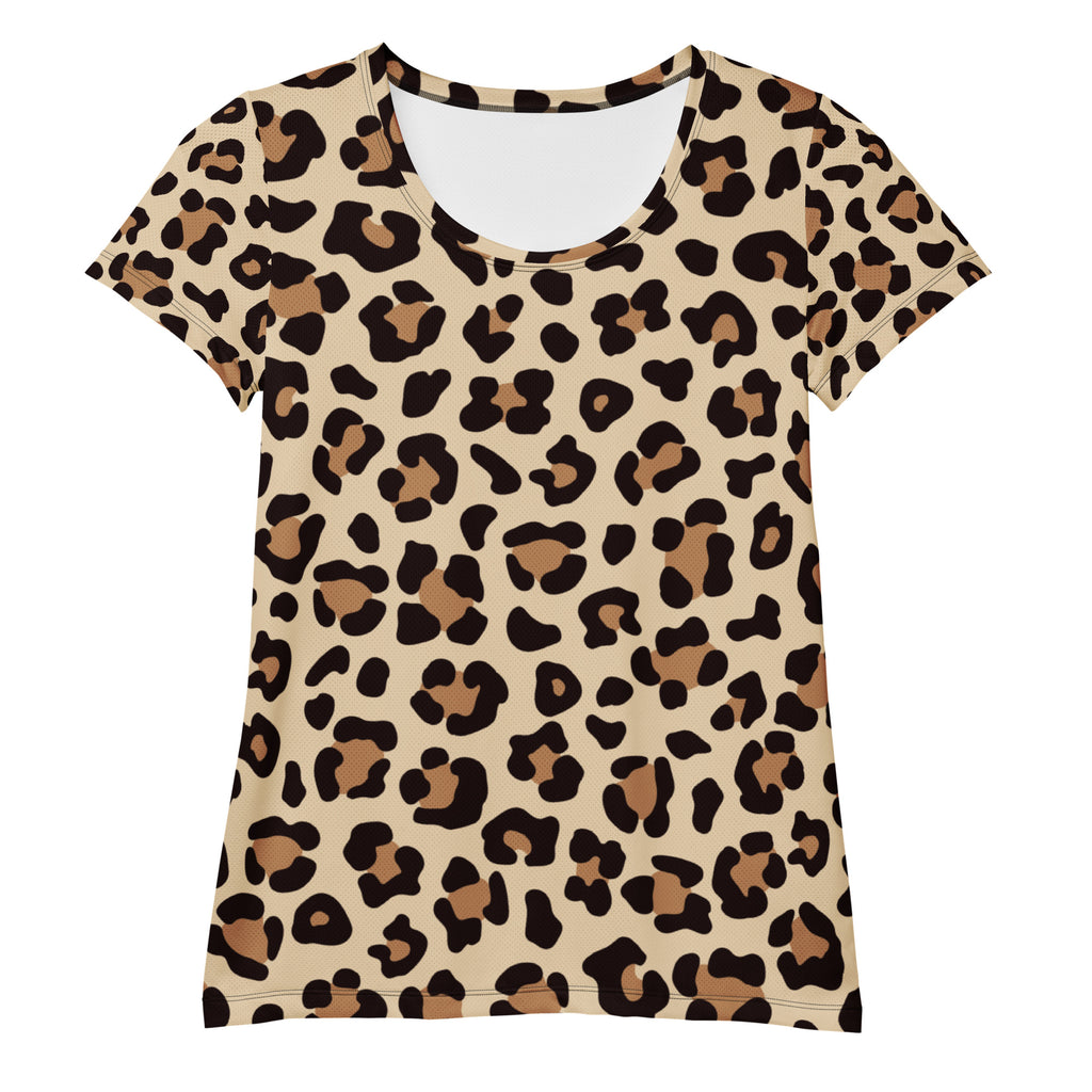 Women’s short-sleeved performance athletic t-shirt with bold leopard print, lightweight moisture wicking fabric, upf 50+