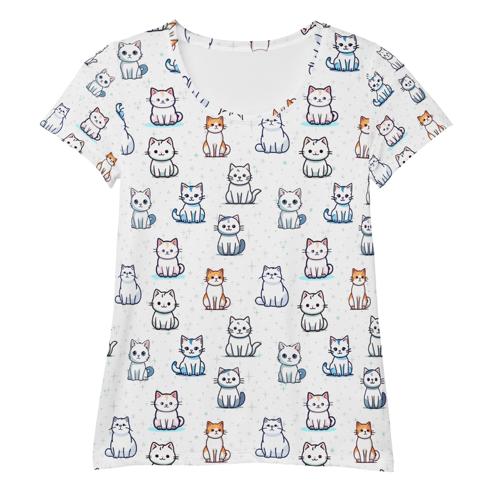 Women’s white short-sleeved cat print performance t-shirt with moisture wicking fabric and UPF 50 plus for workouts