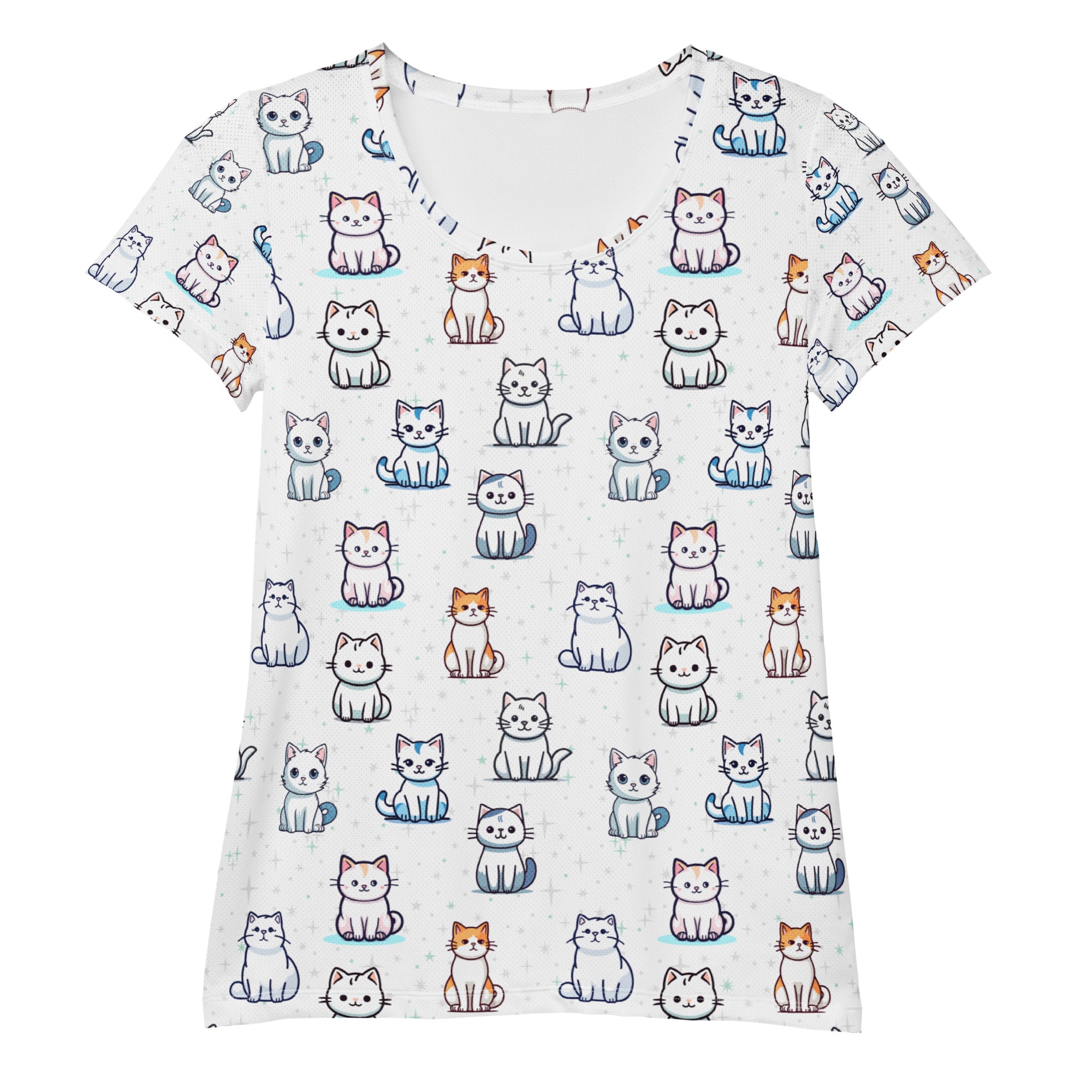 Women’s white short-sleeved cat print performance t-shirt with moisture wicking fabric and UPF 50 plus for workouts