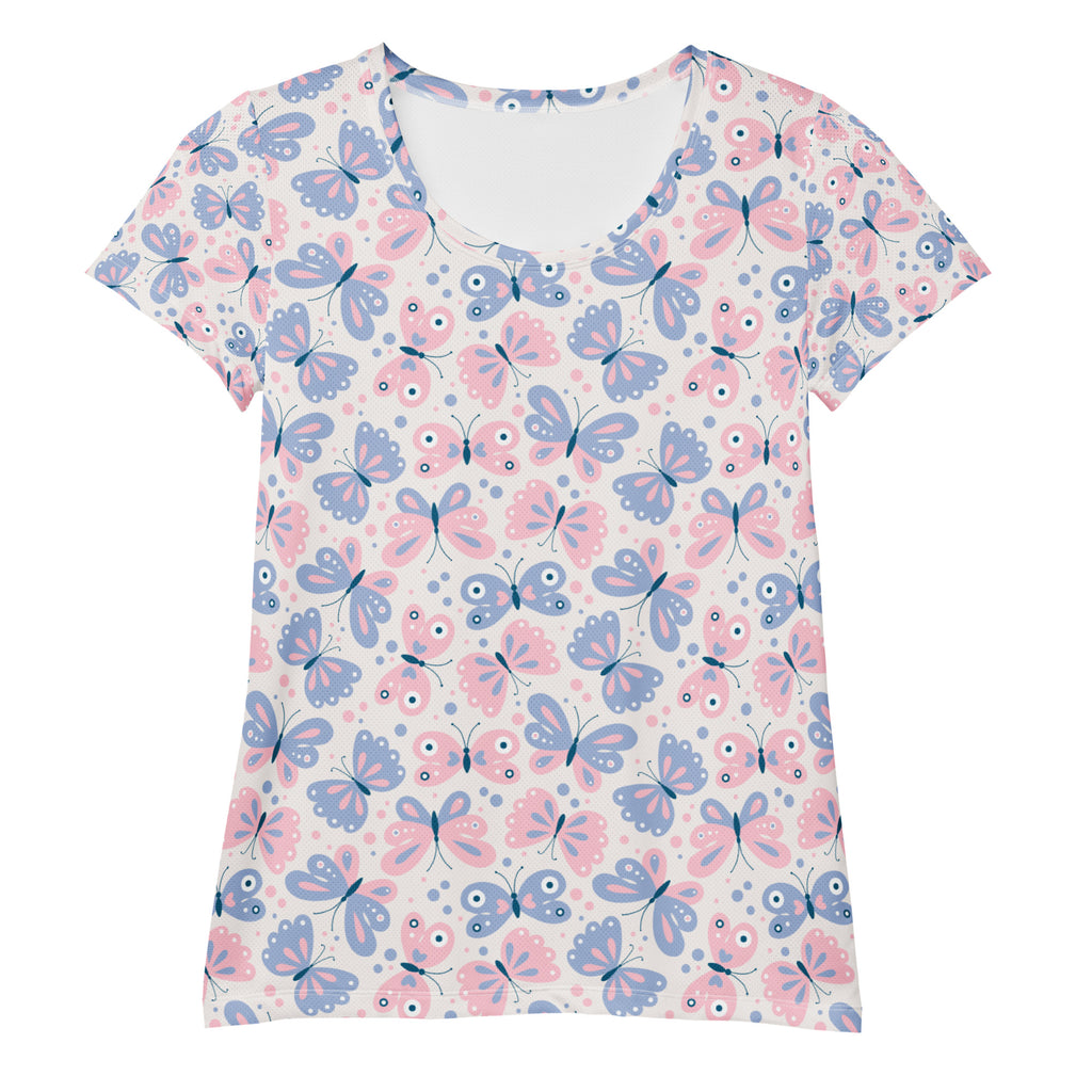Women’s pastel butterfly print performance athletic t-shirt with soft fabric moisture wicking and UPF 50 plus protection