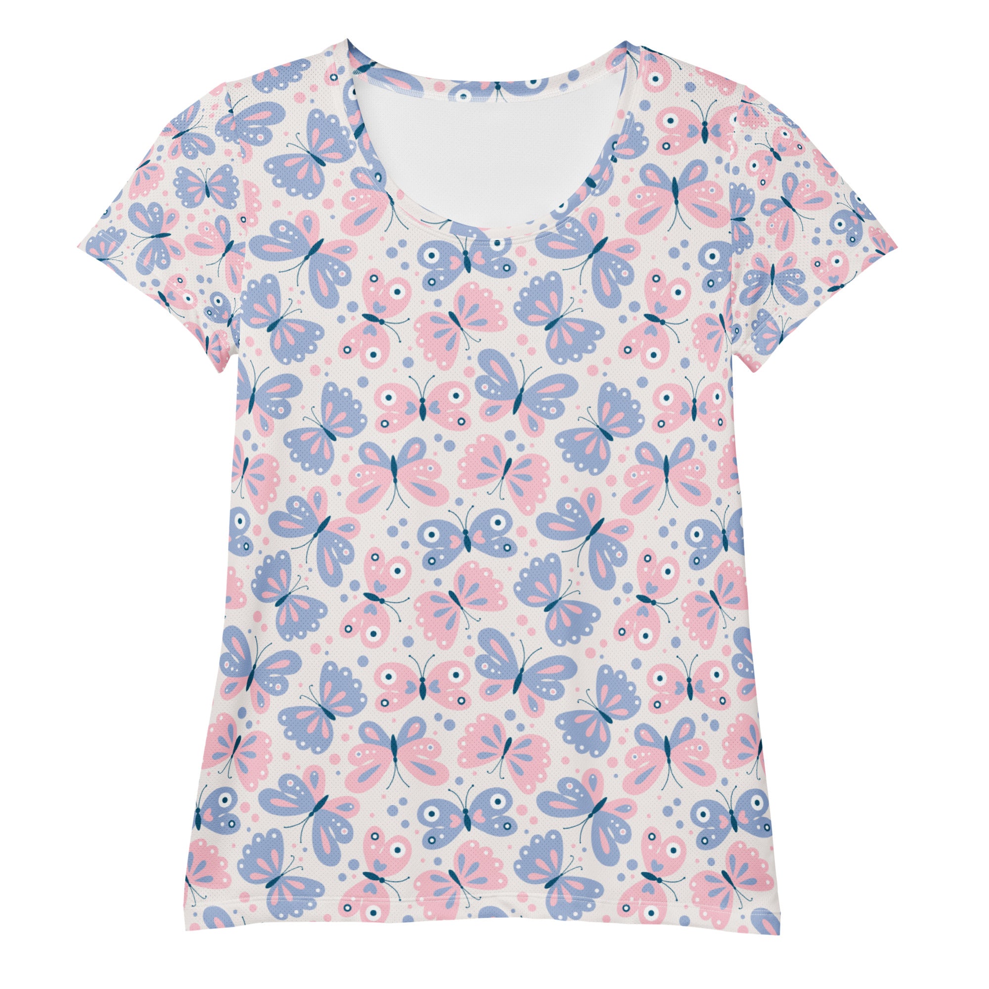 Women’s pastel butterfly print performance athletic t-shirt with soft fabric moisture wicking and UPF 50 plus protection