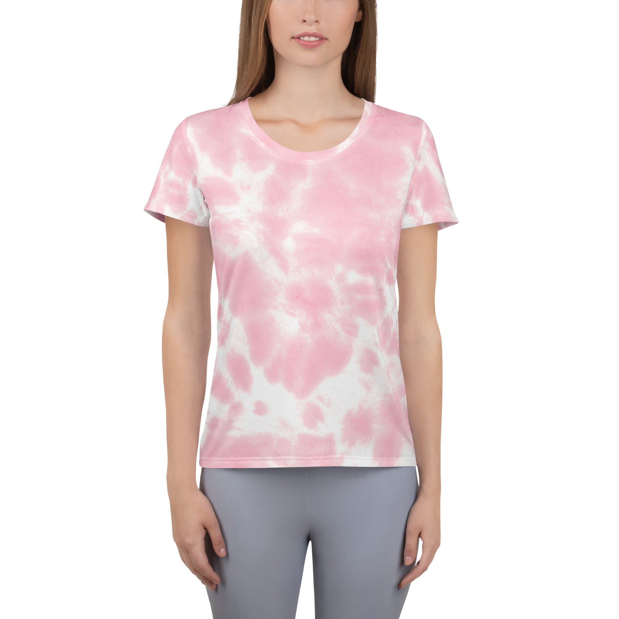 Women’s pink and white tie dye performance athletic t-shirt with moisture wicking fabric and upf 50+ protection