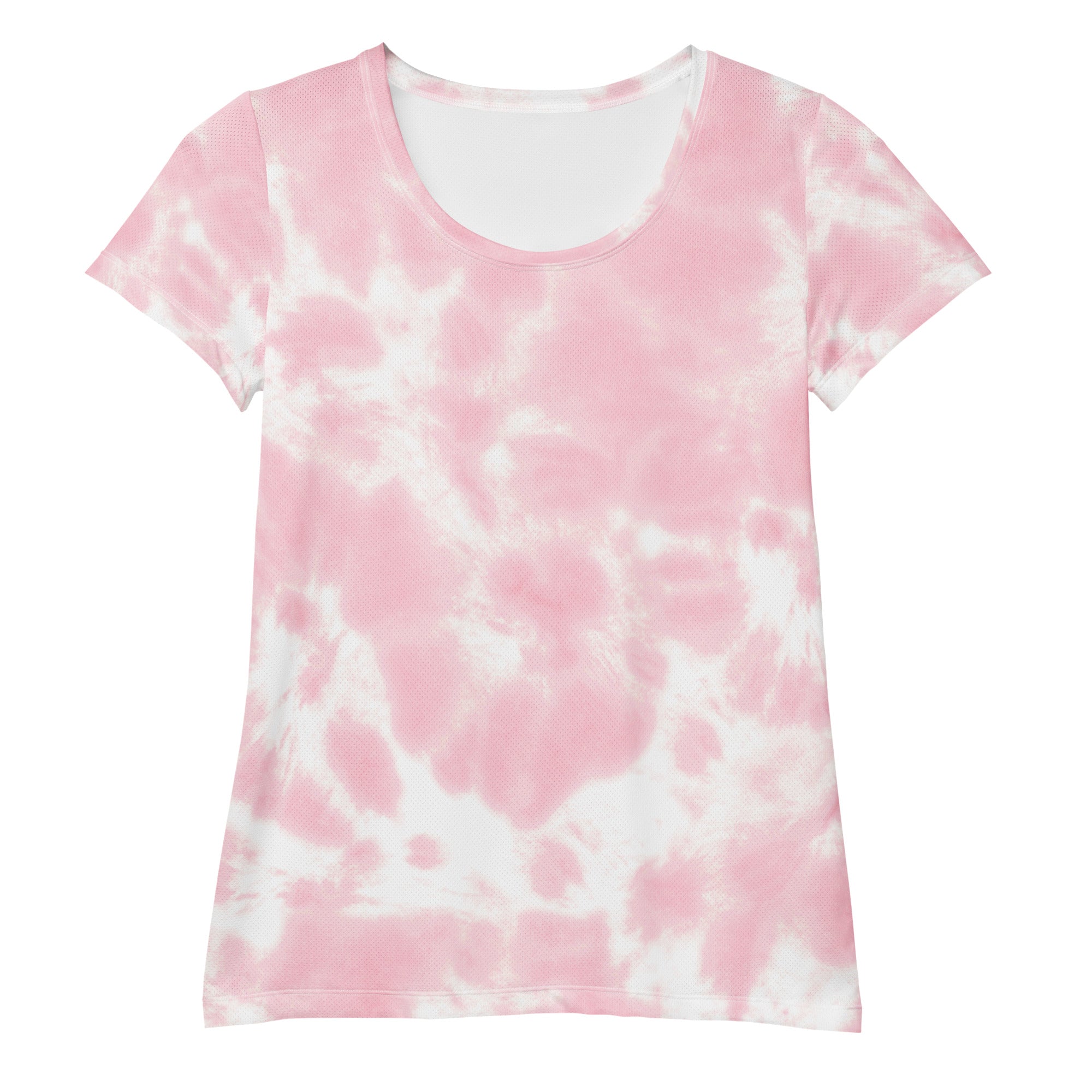 A soft pink and white tie dye short sleeved women’s performance athletic t shirt with rounded neckline and UPF 50+
