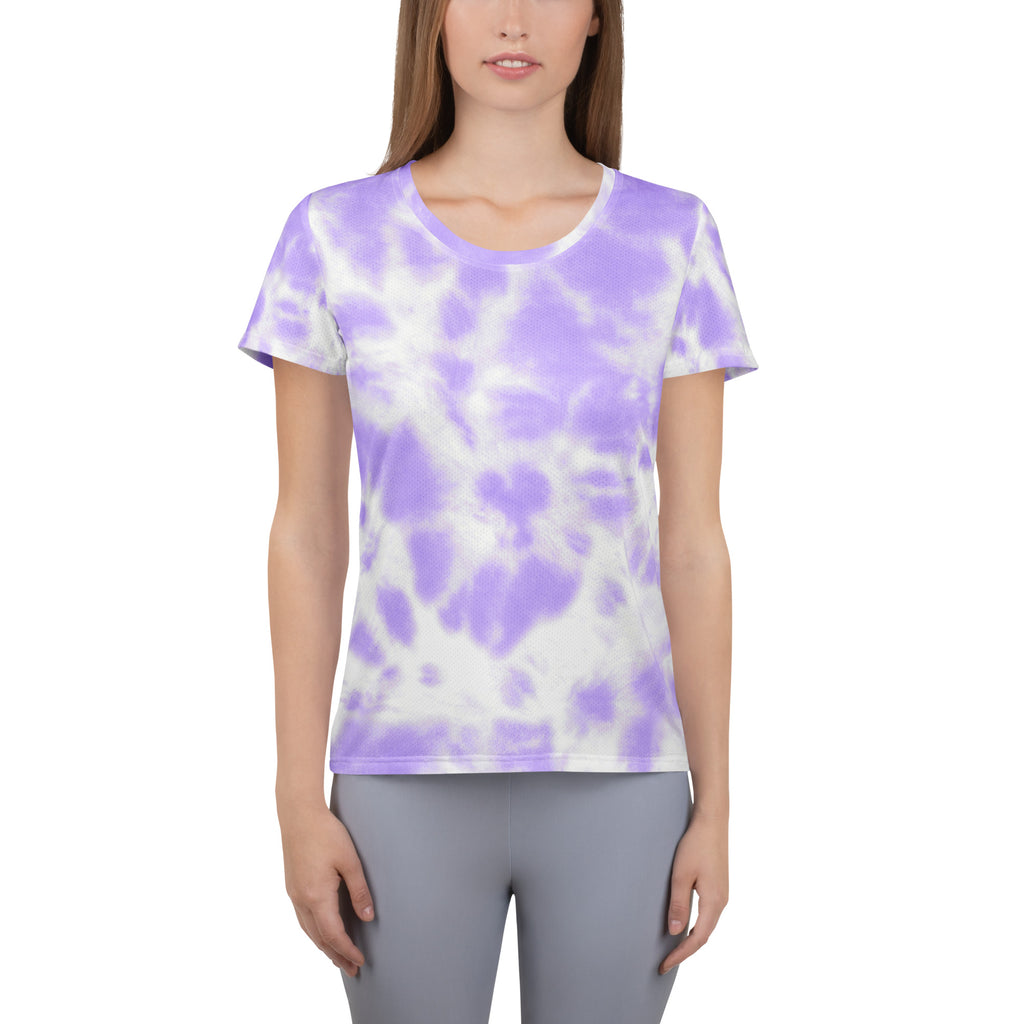 Women’s purple and white tie dye lightweight performance athletic t-shirt with moisture wicking fabric and upf 50+ protection