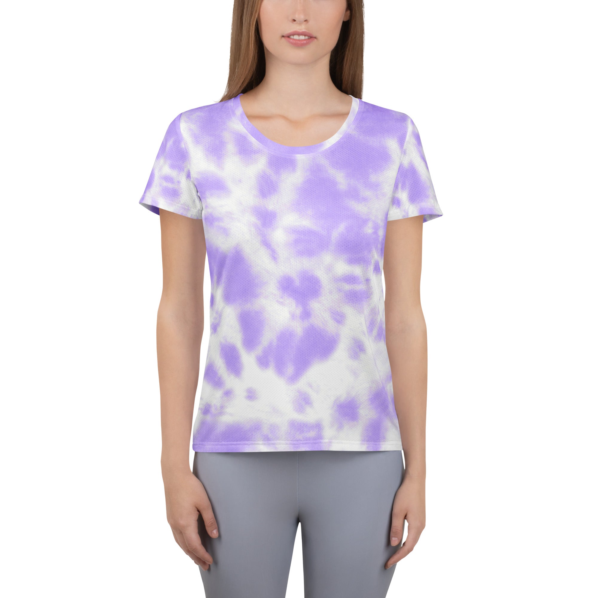 Women’s purple and white tie dye lightweight performance athletic t-shirt with moisture wicking fabric and upf 50+ protection