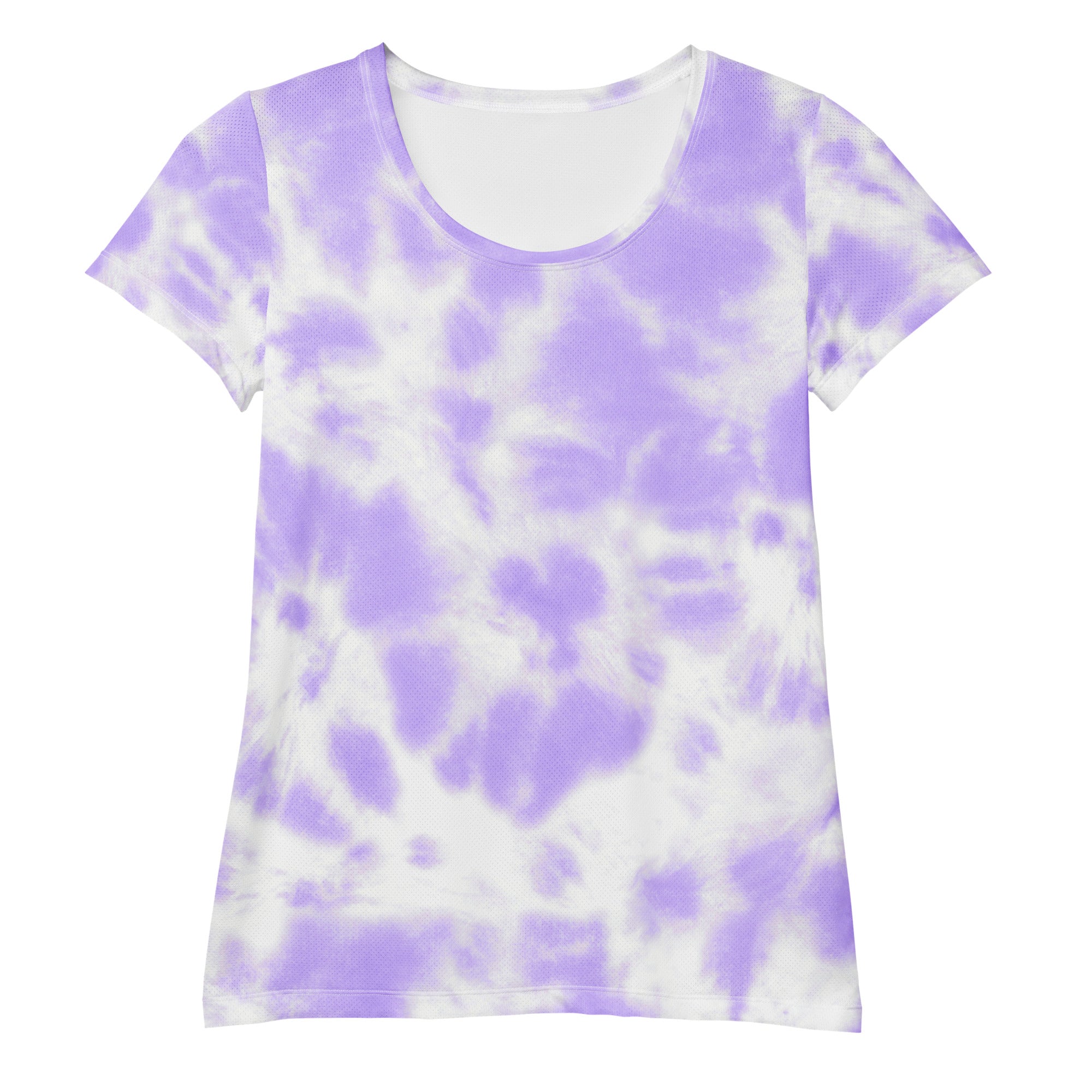 A soft lavender and white tie-dye short-sleeved performance athletic t-shirt with UPF 50 plus for workouts