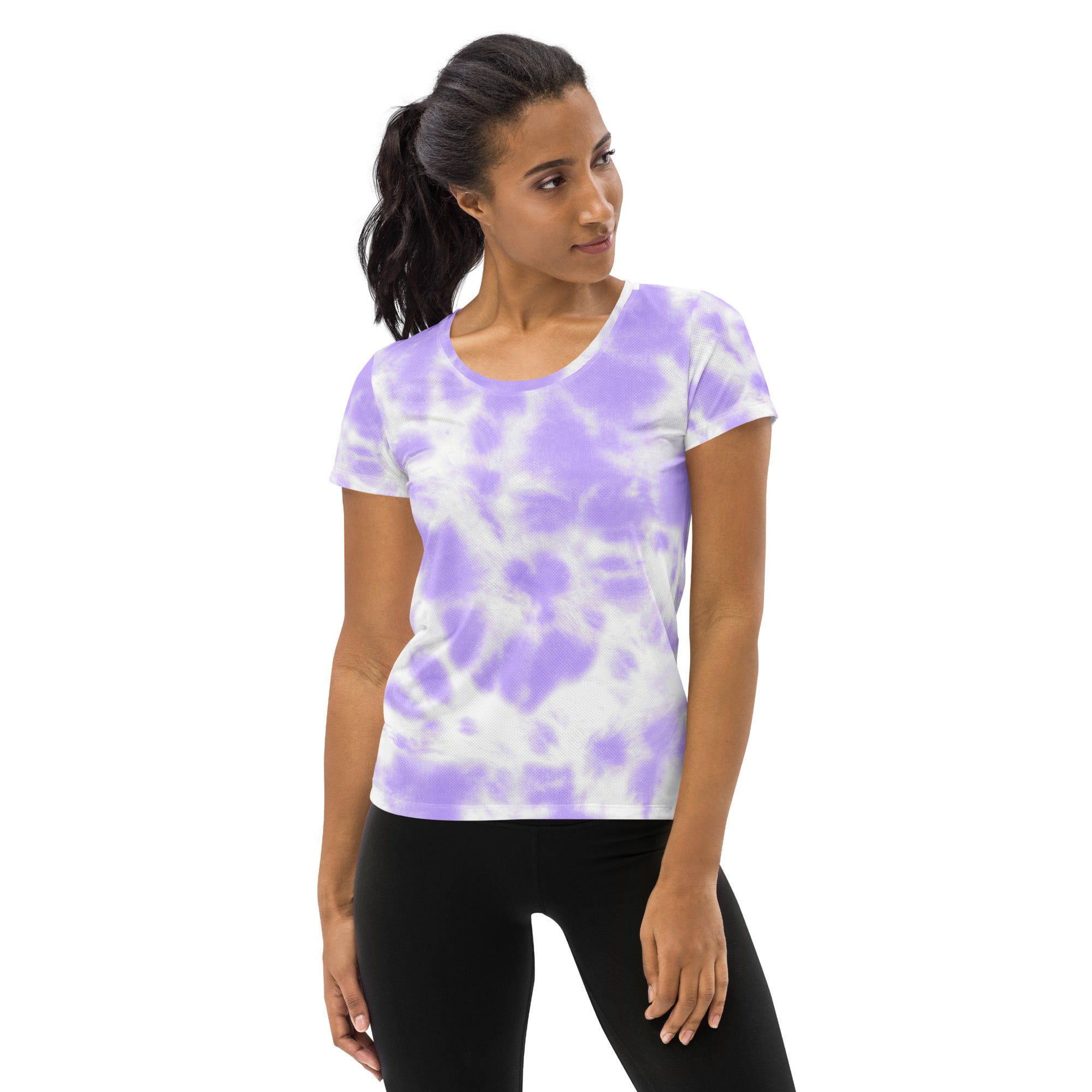 Women’s lightweight moisture-wicking purple lavender and white tie dye athletic t-shirt with UPF 50+ and rounded neckline