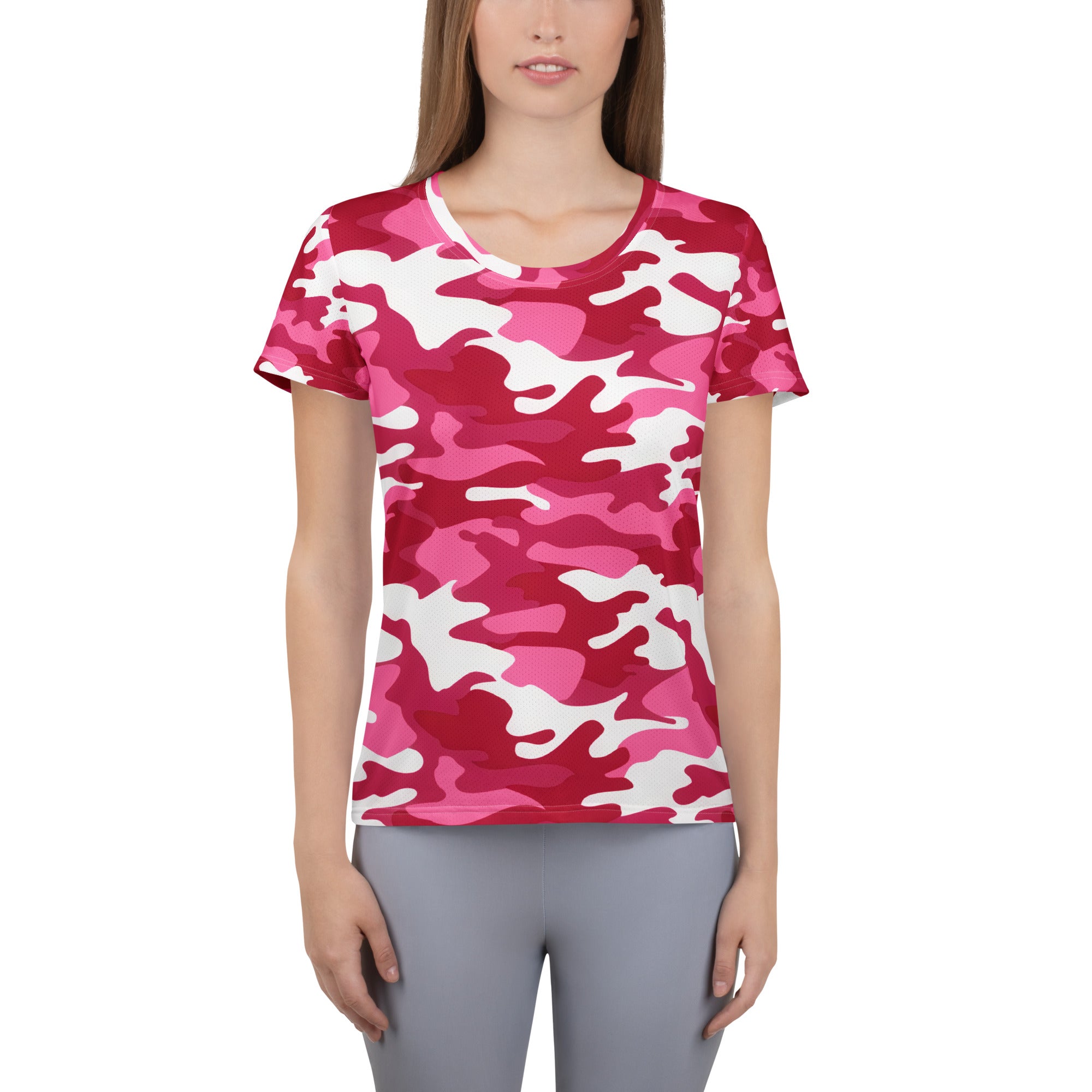 Women’s bright pink and white camouflage performance athletic t-shirt with moisture wicking fabric and UPF 50+ protection