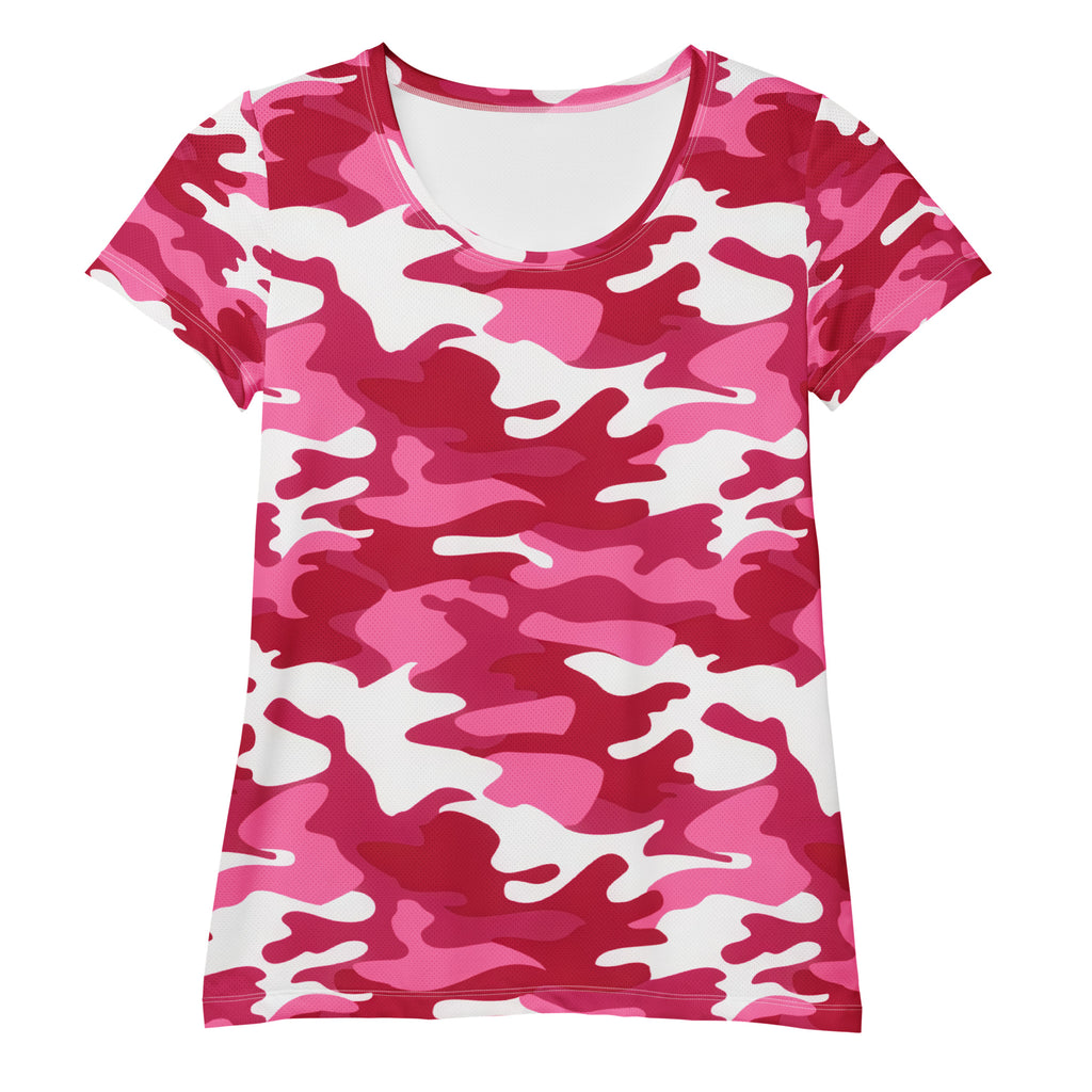 Women’s bright pink and white camouflage performance t-shirt with rounded neckline lightweight moisture wicking design