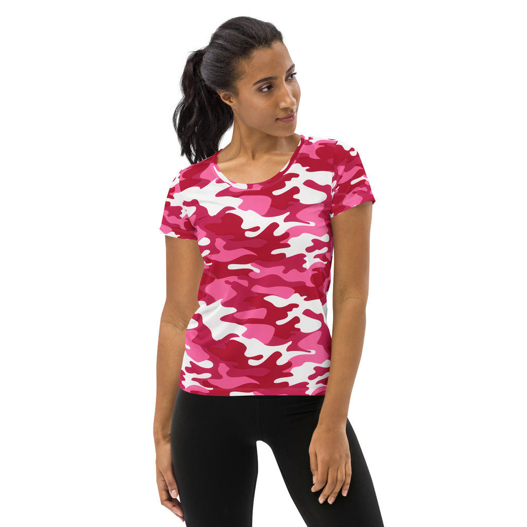 Women’s bright pink and white camouflage performance athletic t-shirt with short sleeves lightweight moisture wicking and UPF 50+