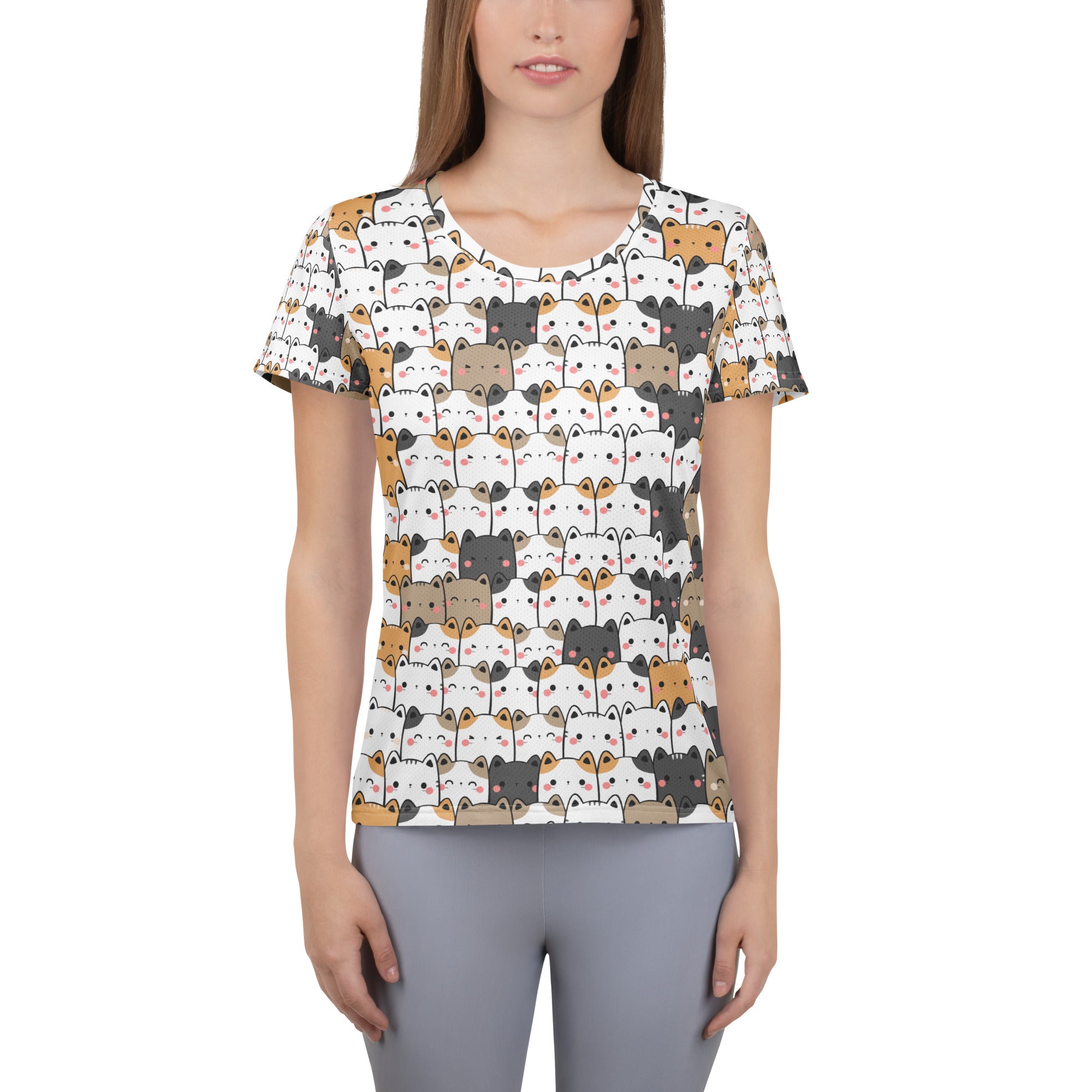 White women’s kawaii cat performance athletic t-shirt with playful cartoon cats, lightweight moisture wicking fabric and UPF 50+ protection