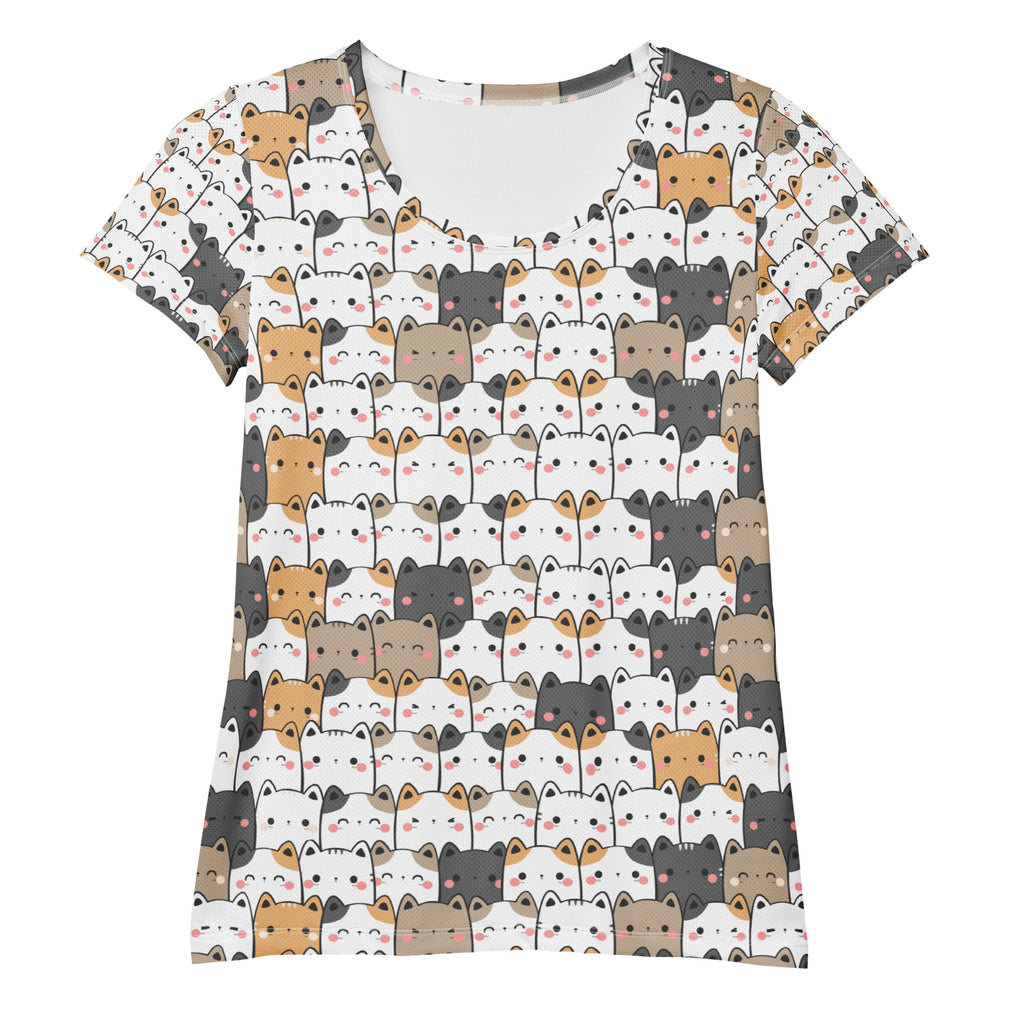 Women’s kawaii cat white short-sleeved moisture-wicking athletic t-shirt with colorful cartoon cats and UPF 50+ protection