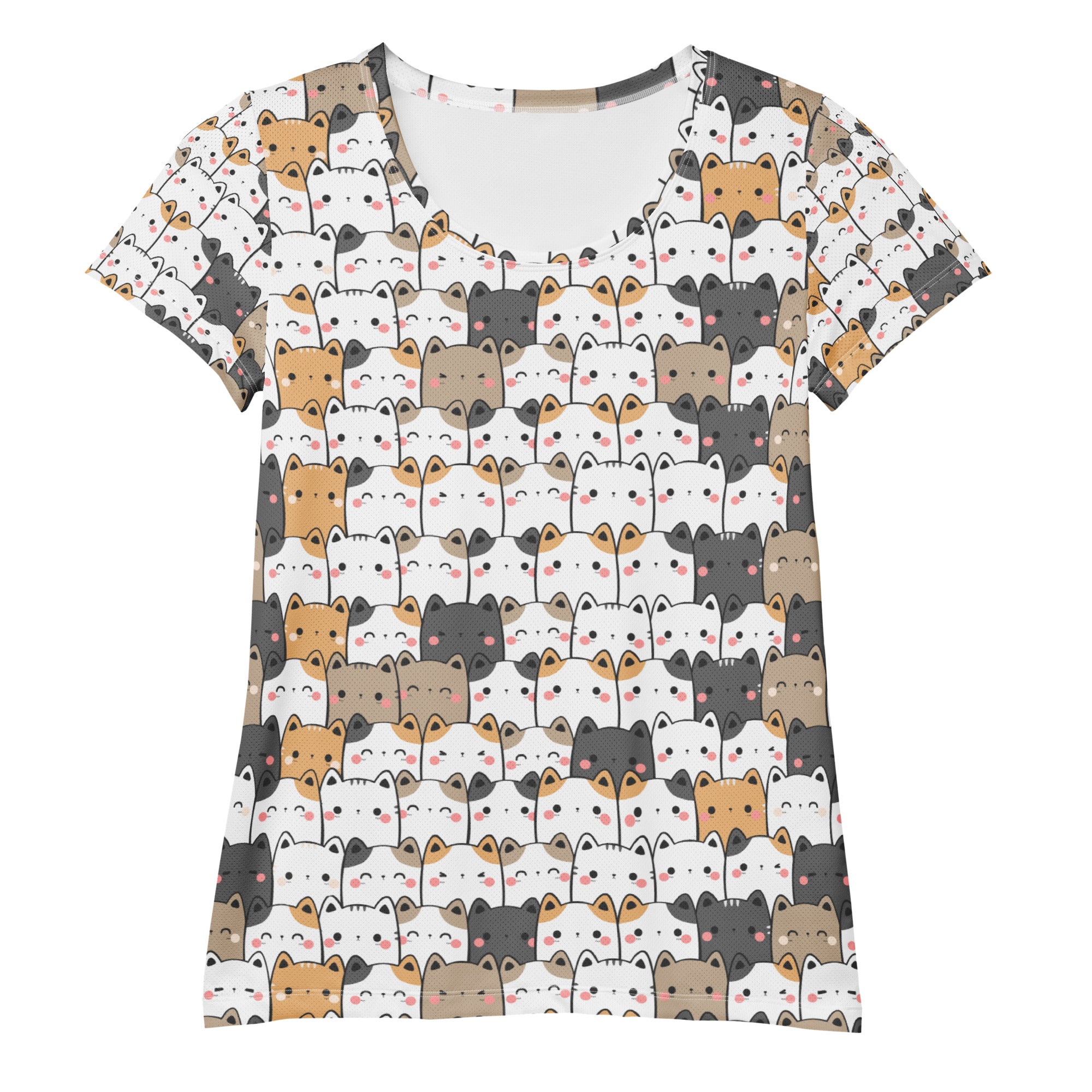 Women’s kawaii cat white short-sleeved moisture-wicking athletic t-shirt with colorful cartoon cats and UPF 50+ protection