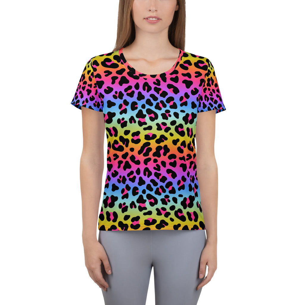Women’s lightweight rainbow-colored leopard print short-sleeved athletic t-shirt with moisture-wicking and UPF 50+ features