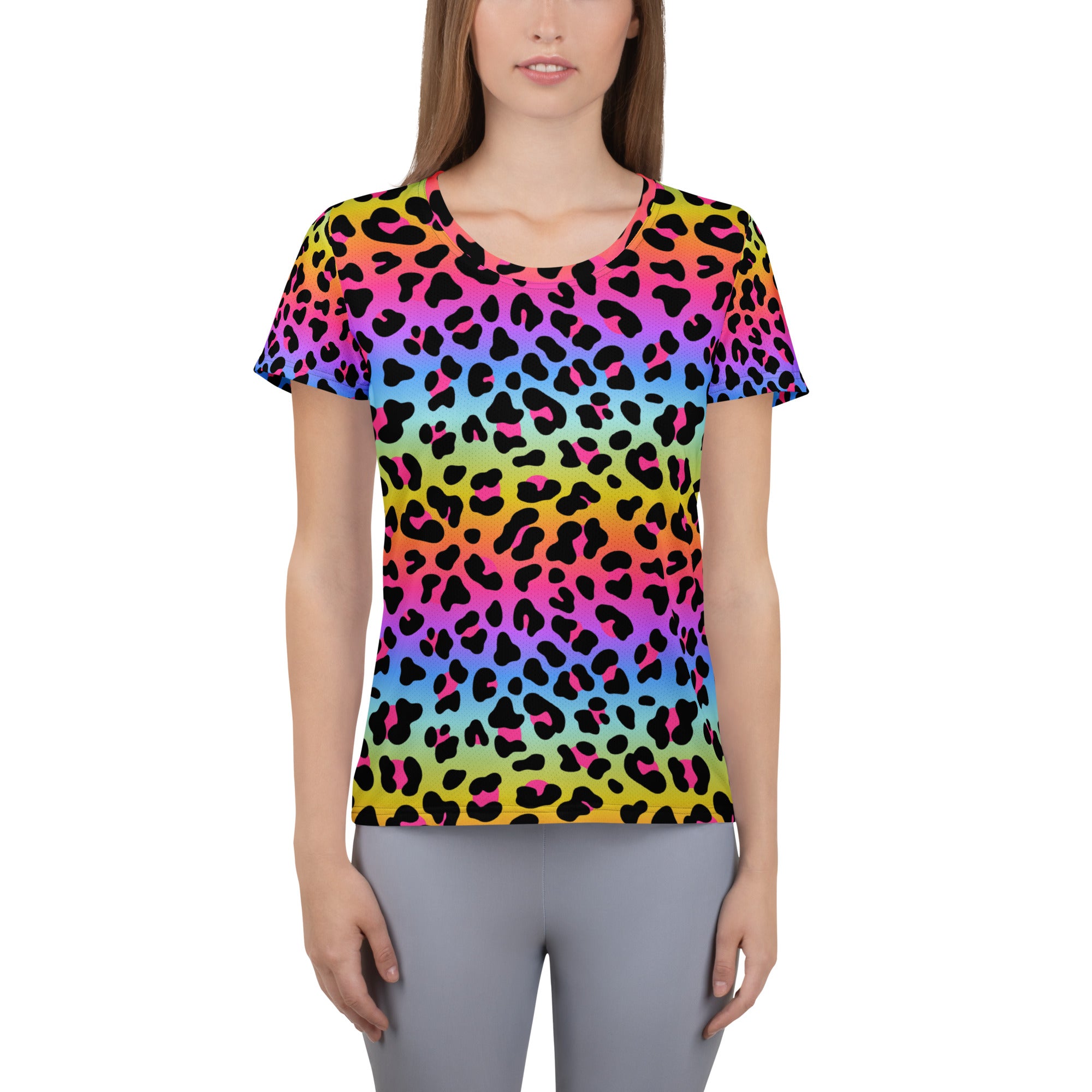 Women’s lightweight rainbow-colored leopard print short-sleeved athletic t-shirt with moisture-wicking and UPF 50+ features