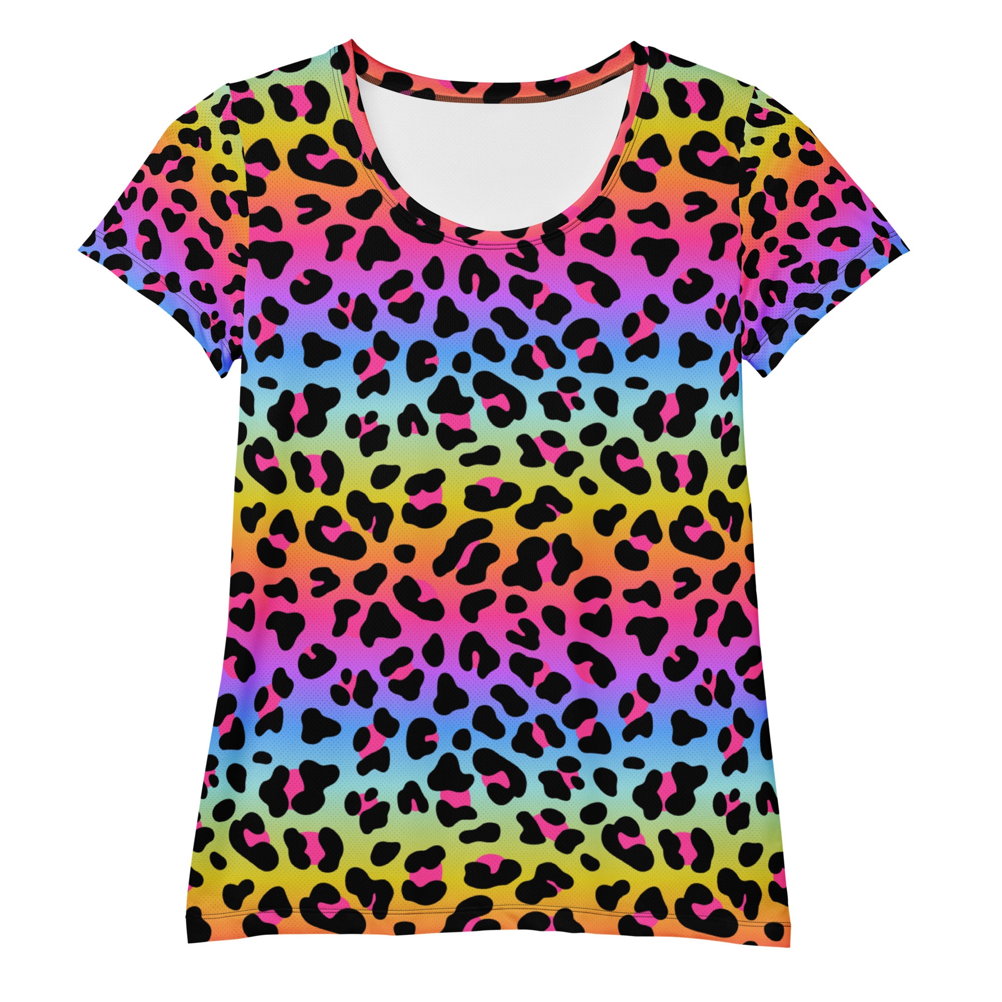 Women’s rainbow gradient leopard print short-sleeved athletic t-shirt with lightweight moisture wicking fabric and UPF 50+ protection
