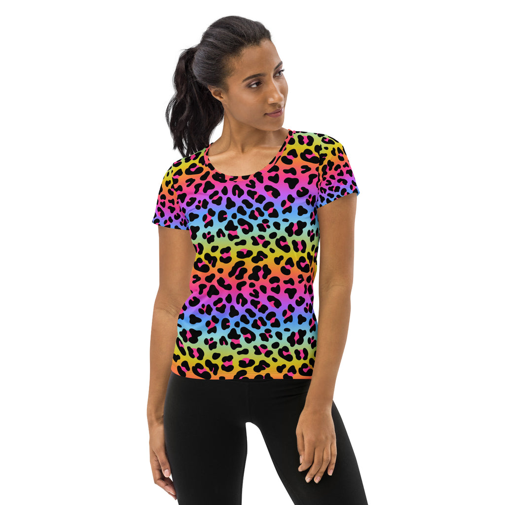 Women’s rainbow leopard print short-sleeved performance t-shirt lightweight moisture wicking with upf 50+