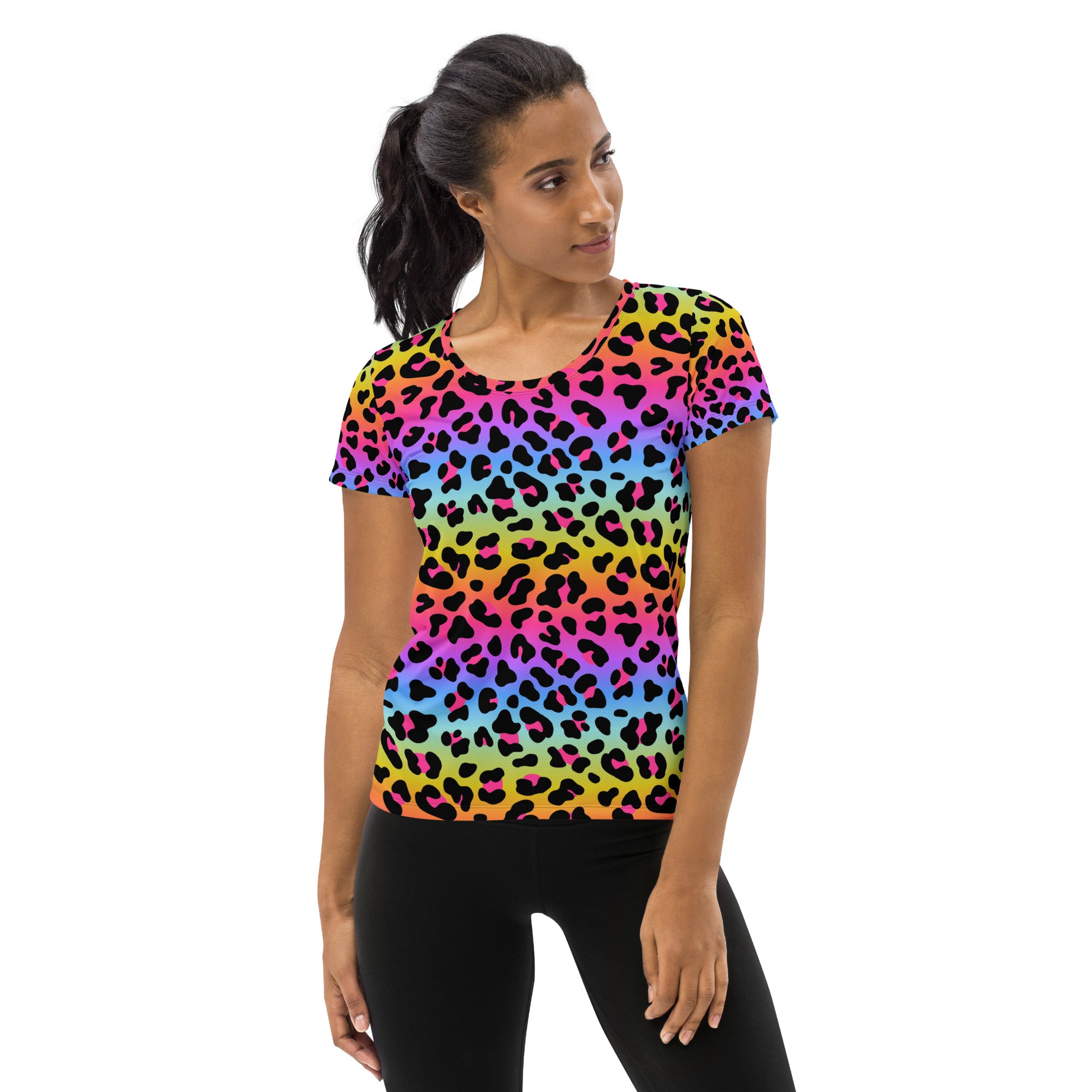 Women’s rainbow leopard print short-sleeved performance t-shirt lightweight moisture wicking with upf 50+