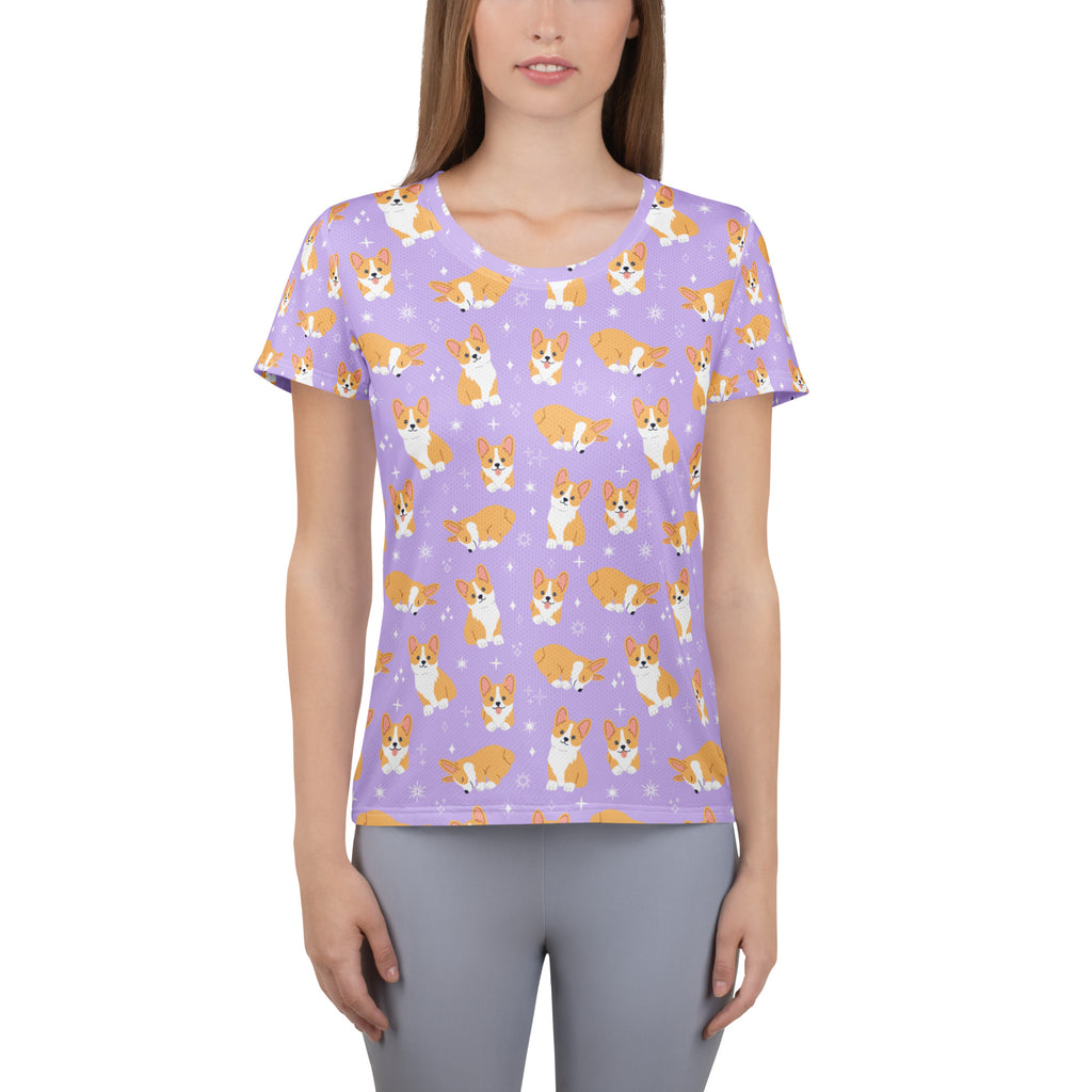 Women’s purple short-sleeved corgi dog performance t-shirt with moisture wicking lightweight fabric and UPF 50+ protection