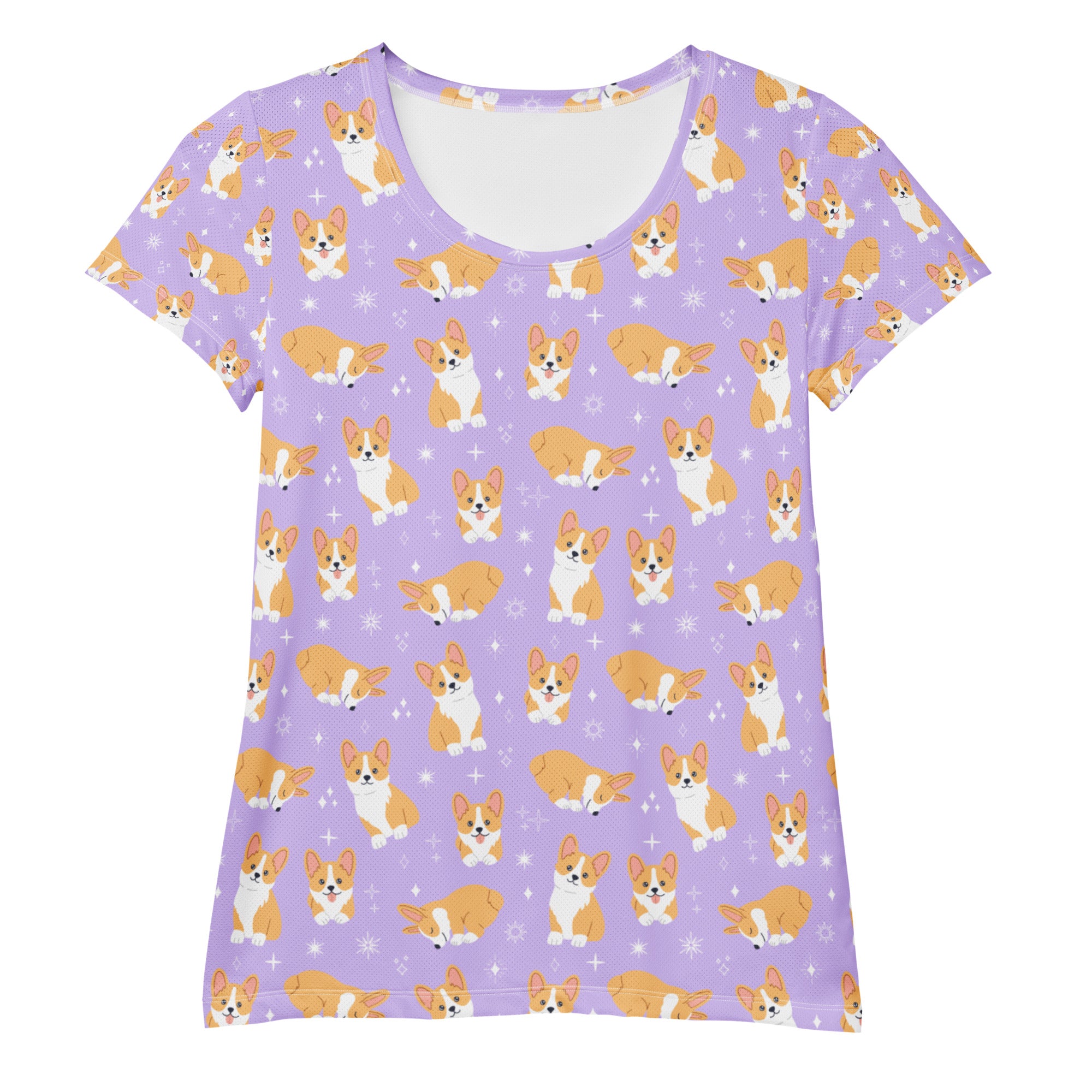 Women’s purple corgi dog performance athletic t-shirt with lightweight moisture wicking fabric and all-over playful print