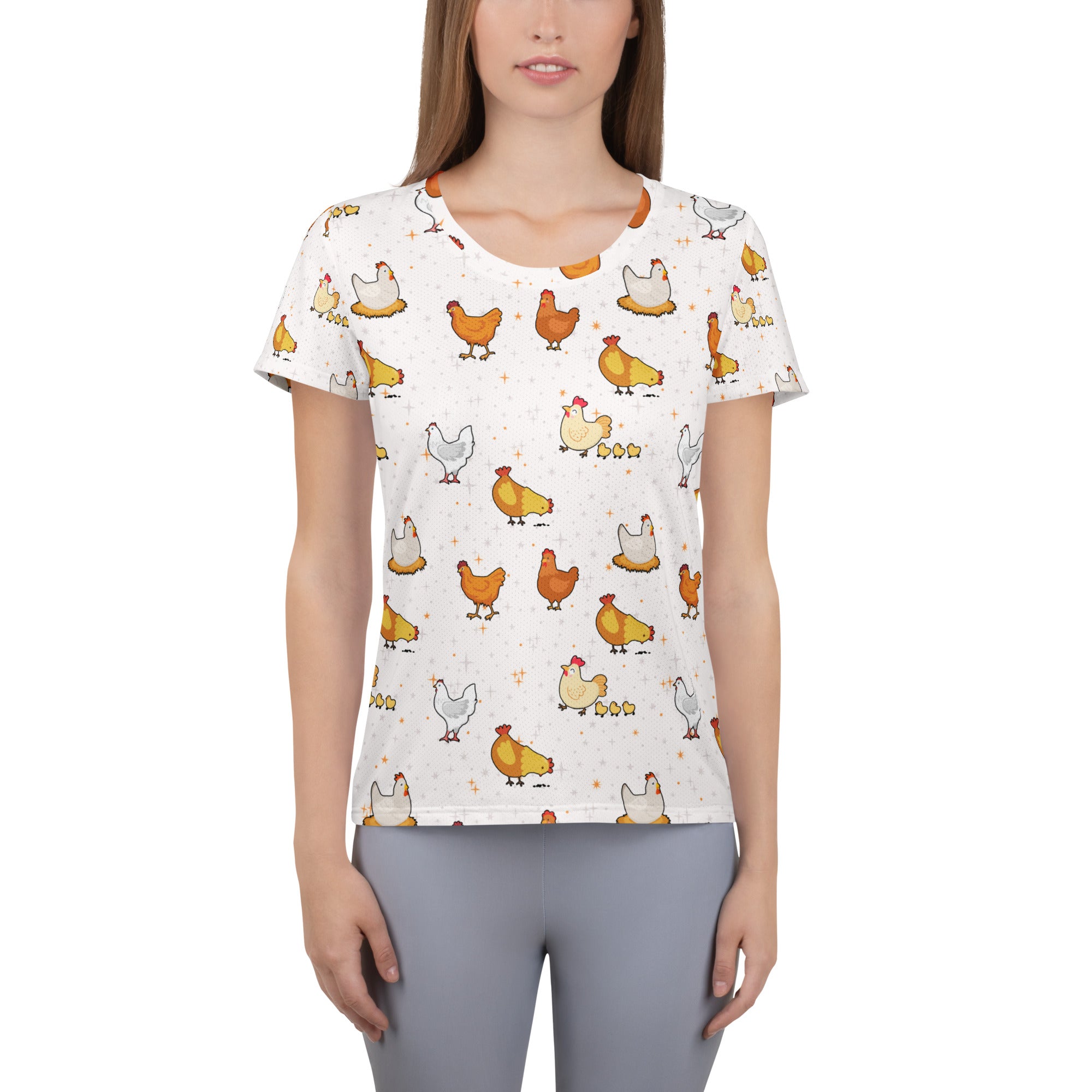 White women’s chicken performance athletic t-shirt with colorful cartoon pattern lightweight moisture wicking top