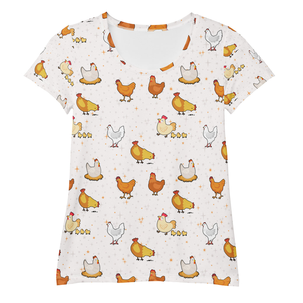 White women’s short-sleeved chicken performance t-shirt with colorful cartoon pattern, lightweight moisture wicking fabric and UPF 50+