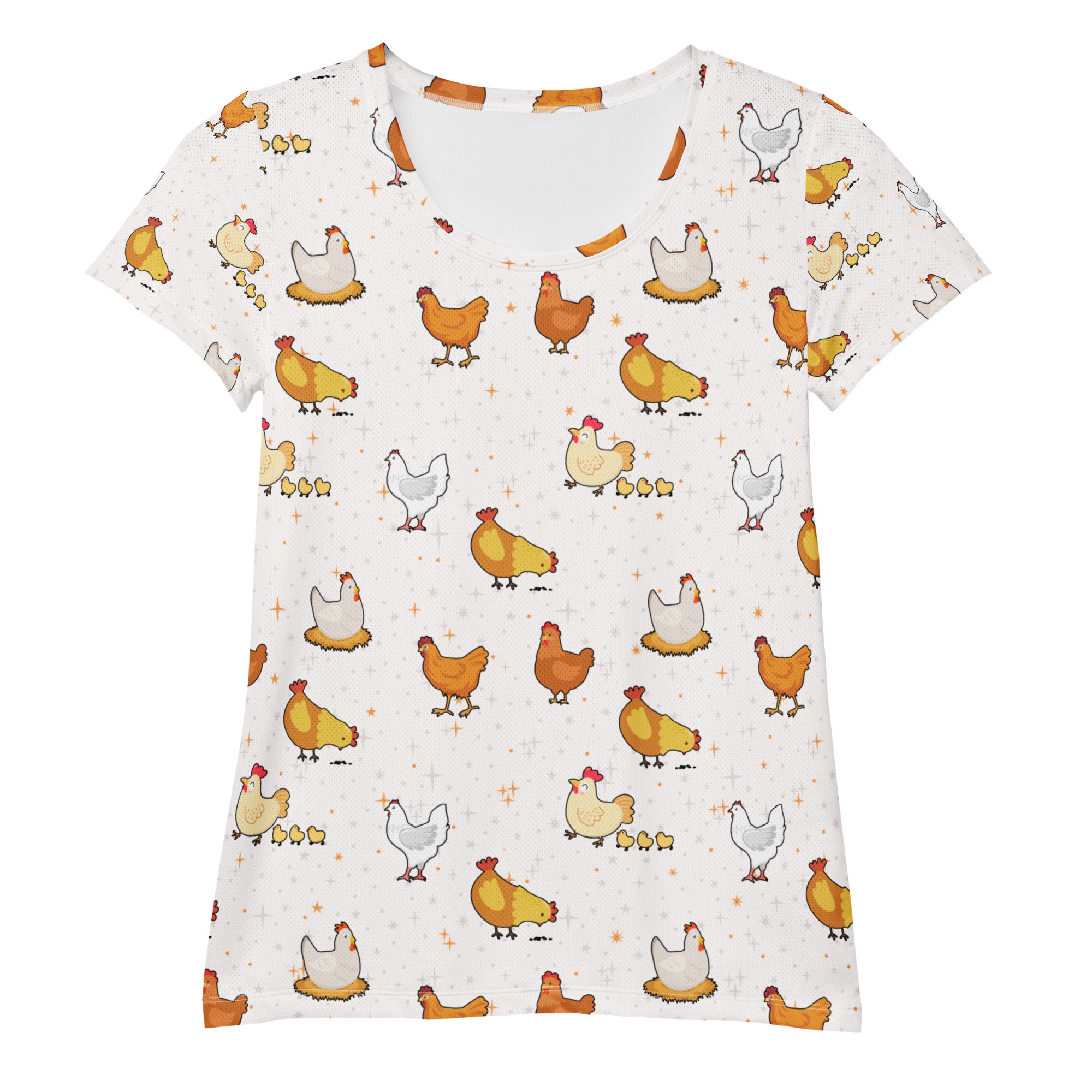 White women’s short-sleeved chicken performance t-shirt with colorful cartoon pattern, lightweight moisture wicking fabric and UPF 50+