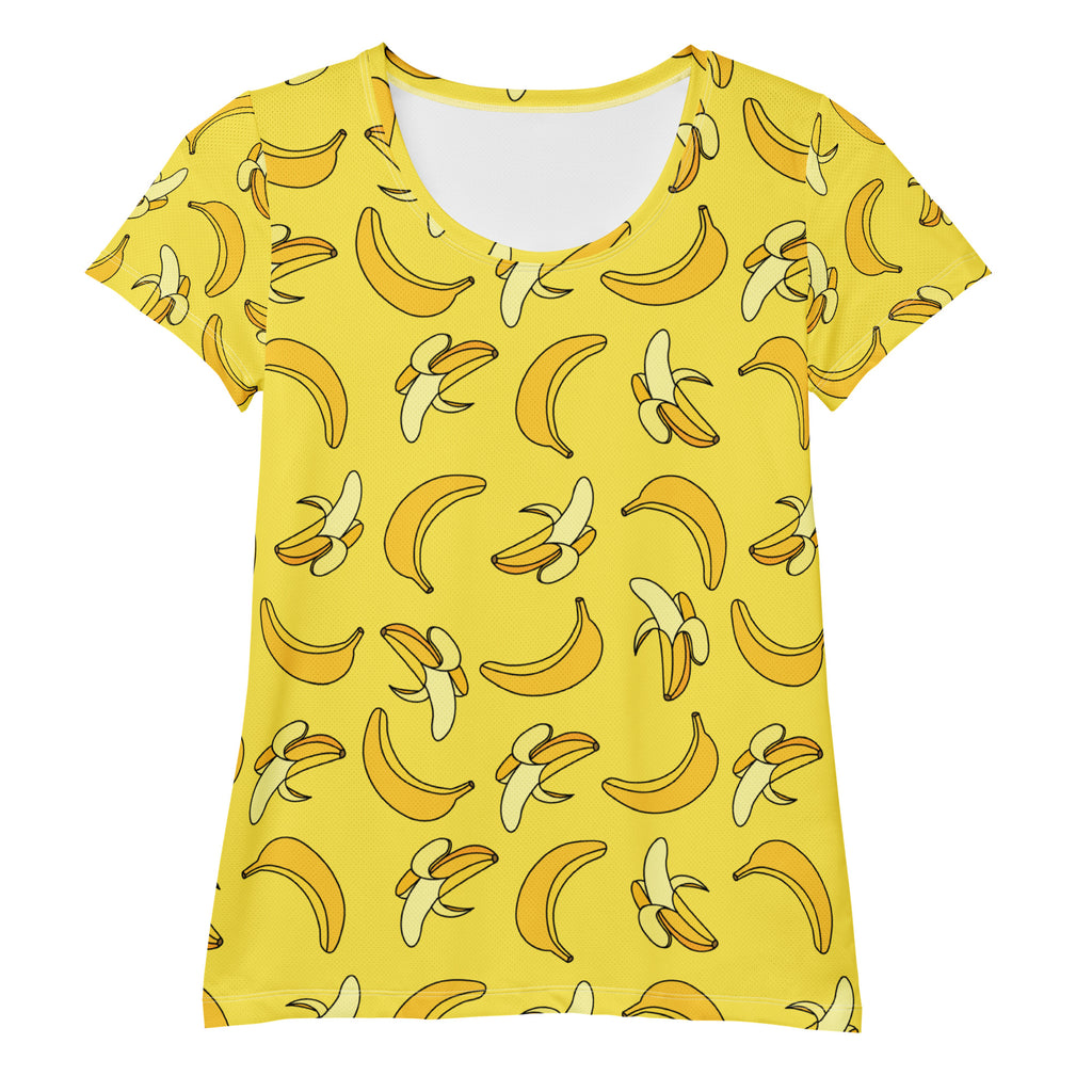 Yellow banana patterned short sleeve women’s performance athletic t shirt with scoop neckline and moisture wicking fabric