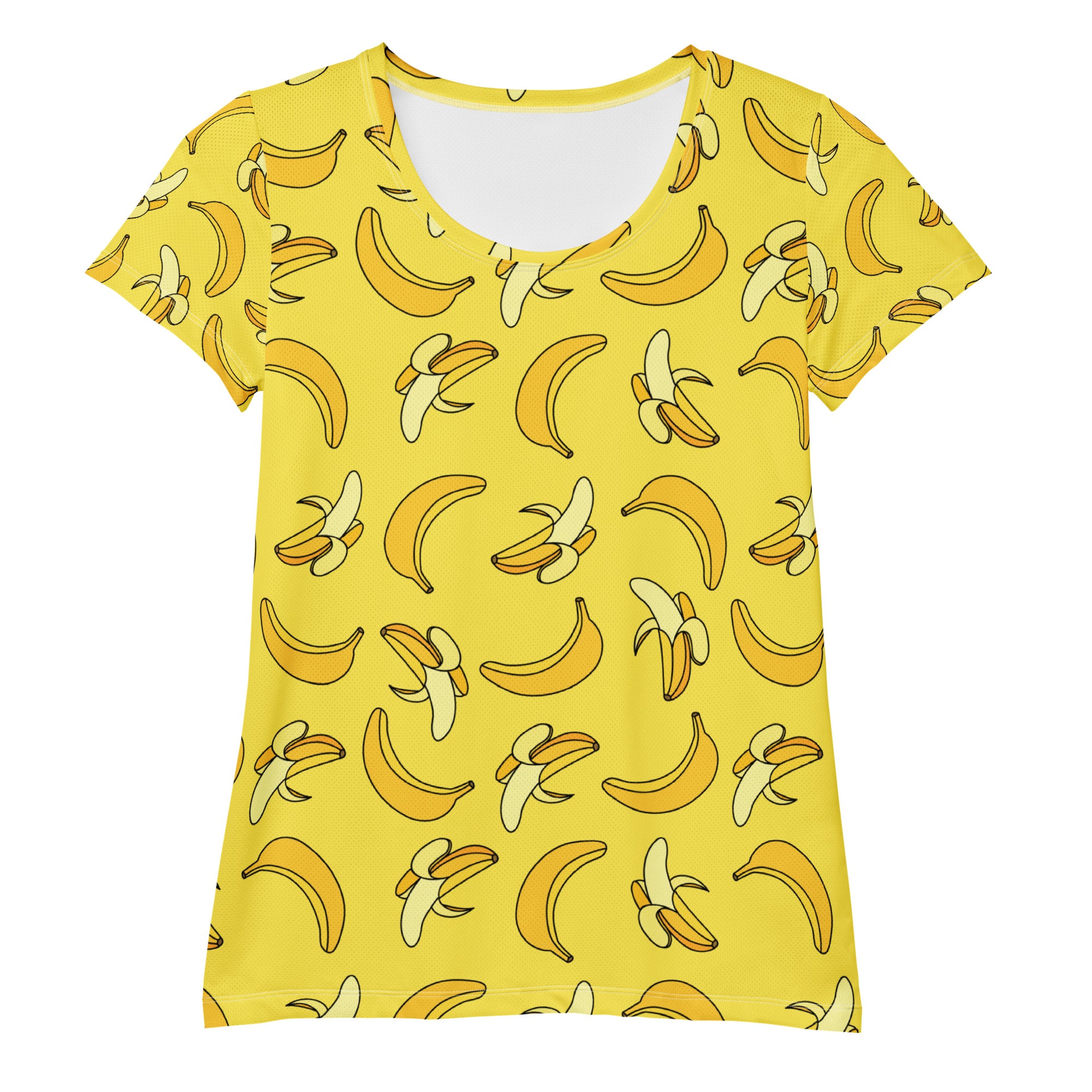 Yellow banana patterned short sleeve women’s performance athletic t shirt with scoop neckline and moisture wicking fabric