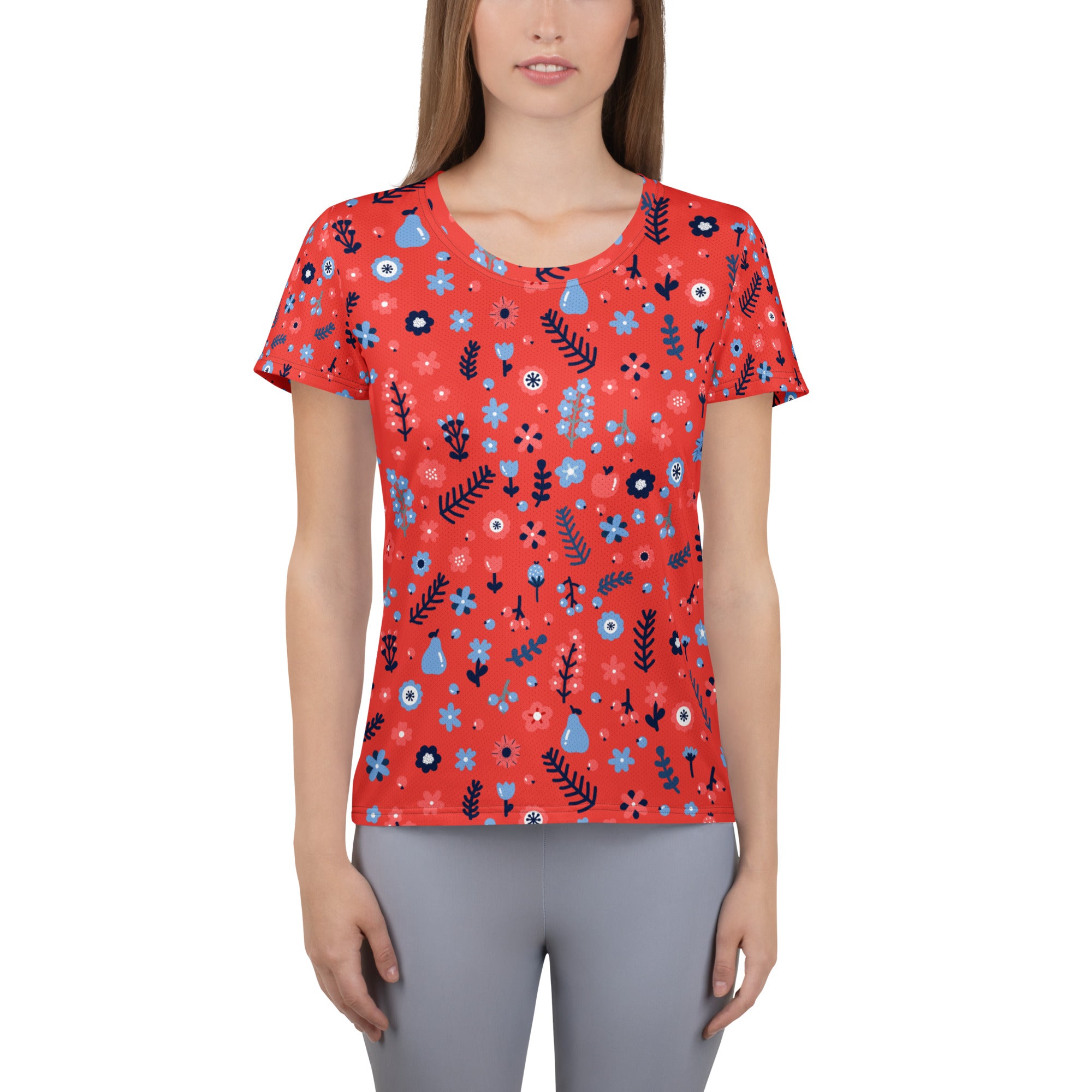 Women’s red floral performance athletic t-shirt with blue and black flower pattern lightweight moisture wicking top