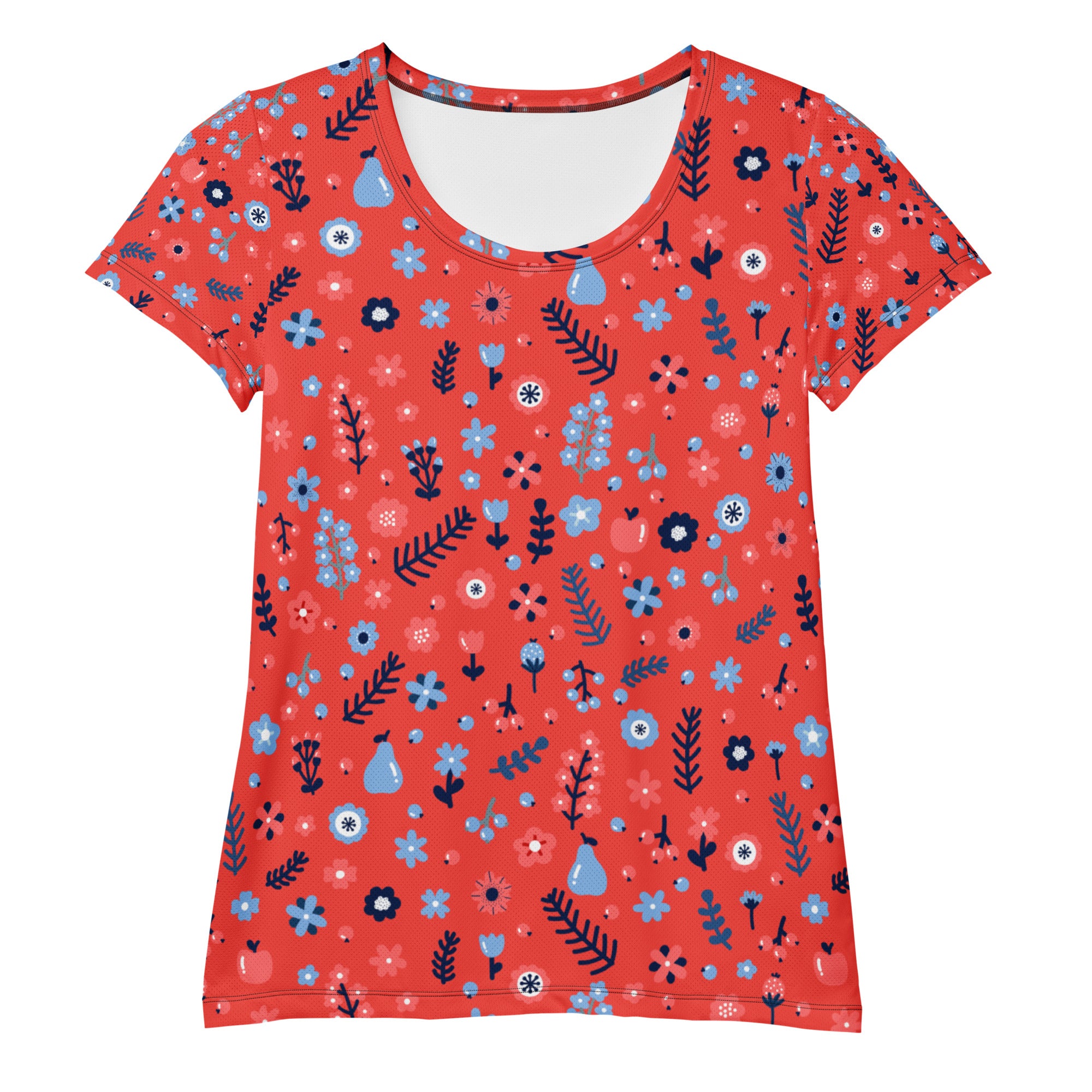 A vibrant coral red floral performance athletic t-shirt with blue pink navy motifs and moisture wicking lightweight fabric