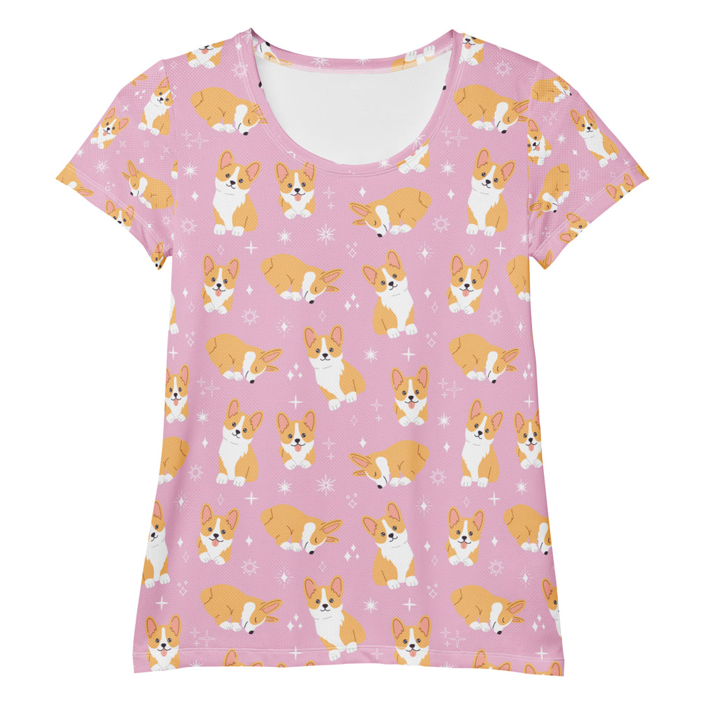 Women’s pink corgi dog performance athletic t-shirt with playful cartoon print lightweight moisture wicking top upf 50+