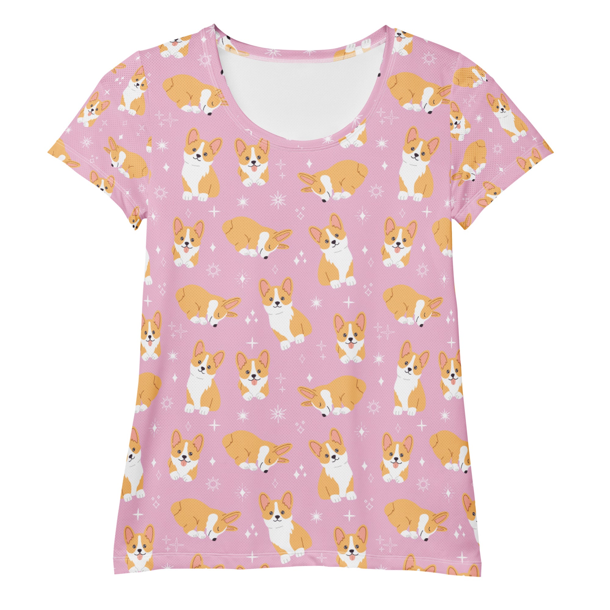 Women’s pink corgi dog performance athletic t-shirt with playful cartoon print lightweight moisture wicking top upf 50+