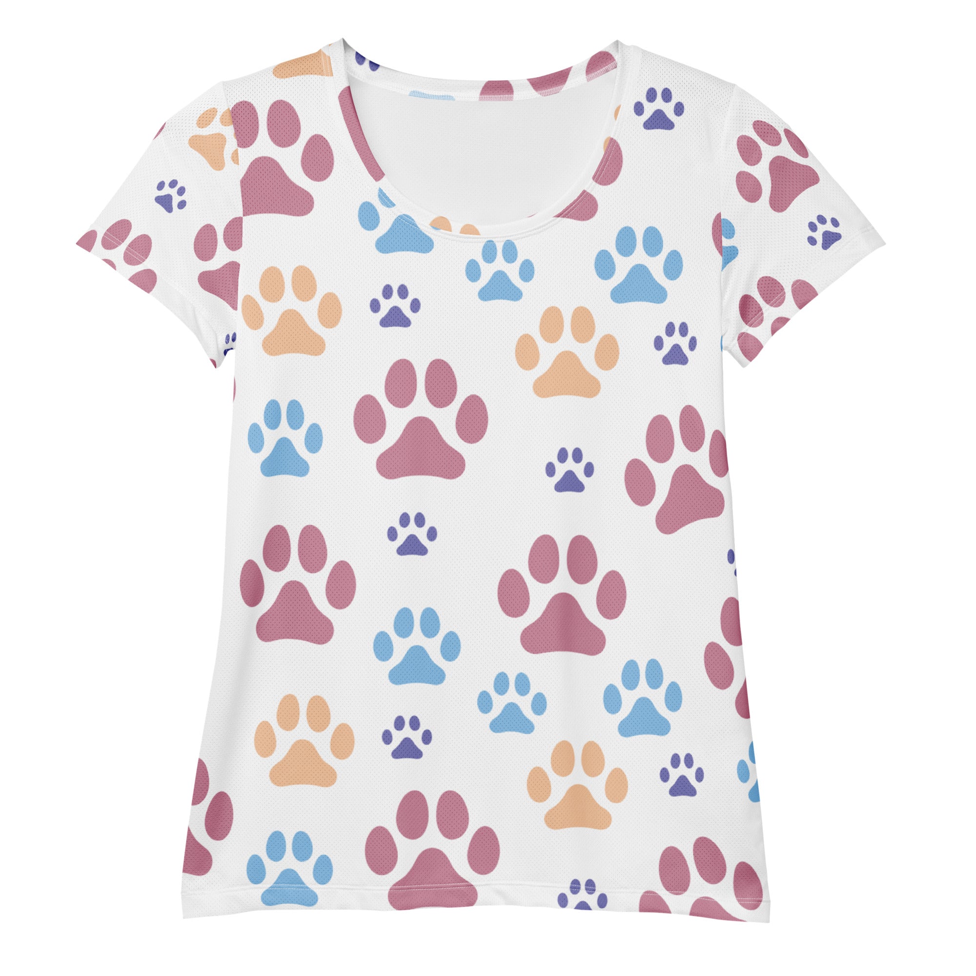 White short-sleeved women’s athletic t-shirt with colorful paw print pattern lightweight moisture wicking upf 50+