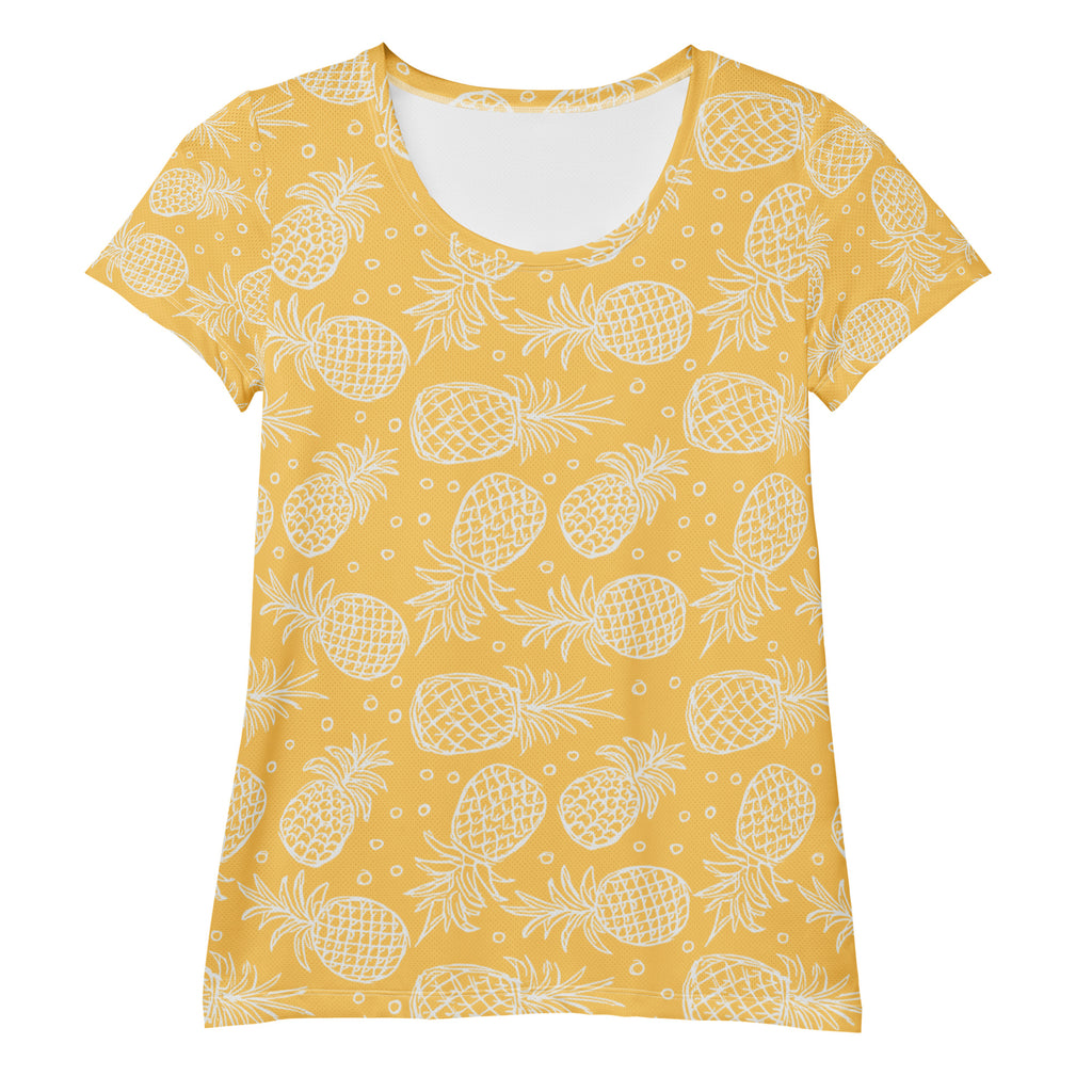 Women’s yellow short-sleeved performance athletic t-shirt with white pineapple pattern lightweight moisture wicking top