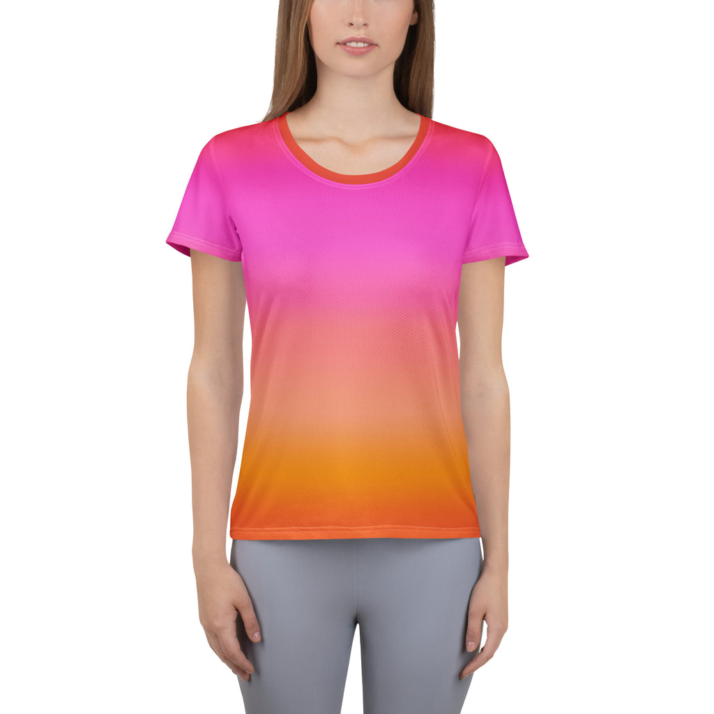 Women’s sunset ombre performance athletic t-shirt with bright pink to orange gradient and moisture wicking lightweight fabric