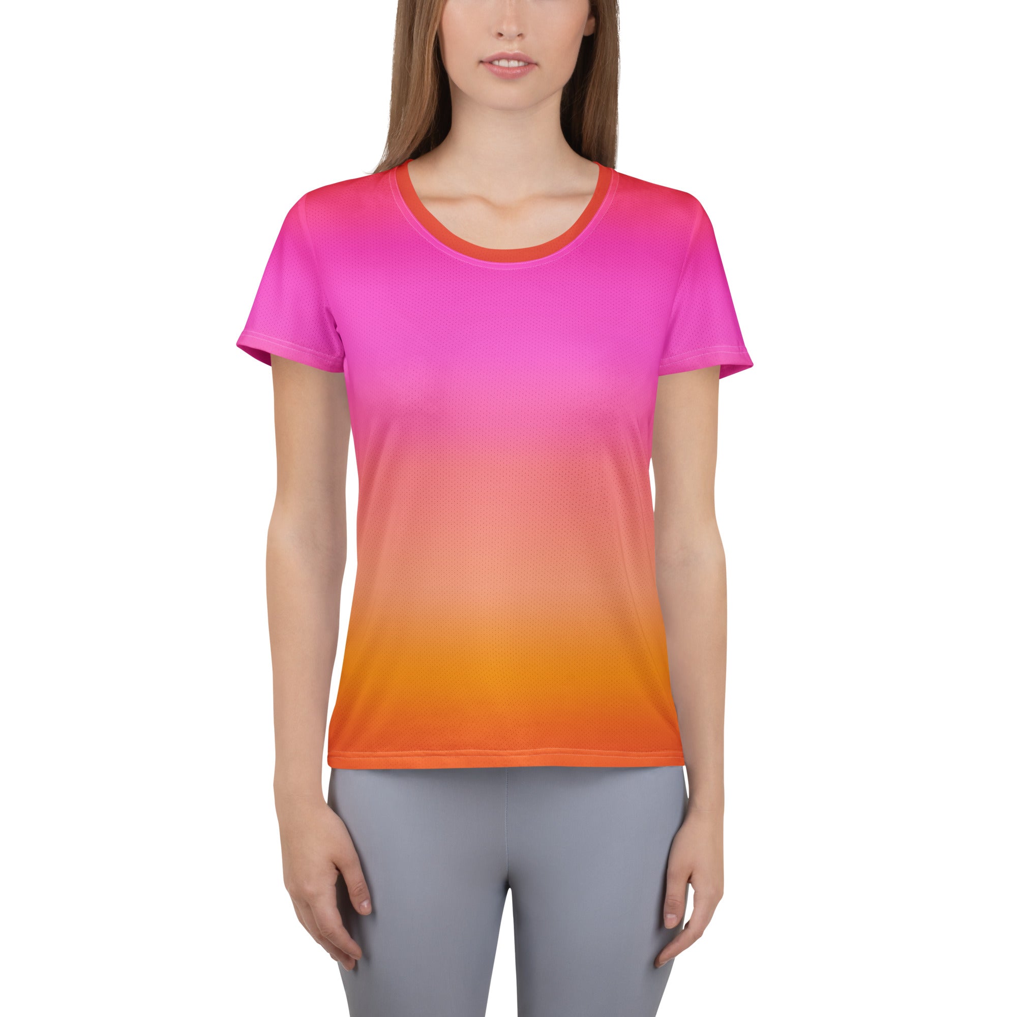 Women’s sunset ombre performance athletic t-shirt with bright pink to orange gradient and moisture wicking lightweight fabric