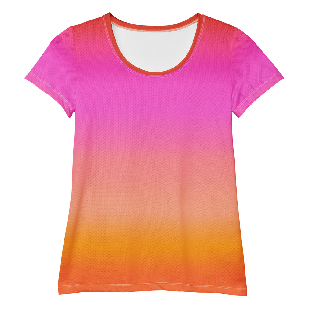 Women’s sunset ombre performance athletic t-shirt in bright pink to yellow gradient lightweight moisture wicking fabric