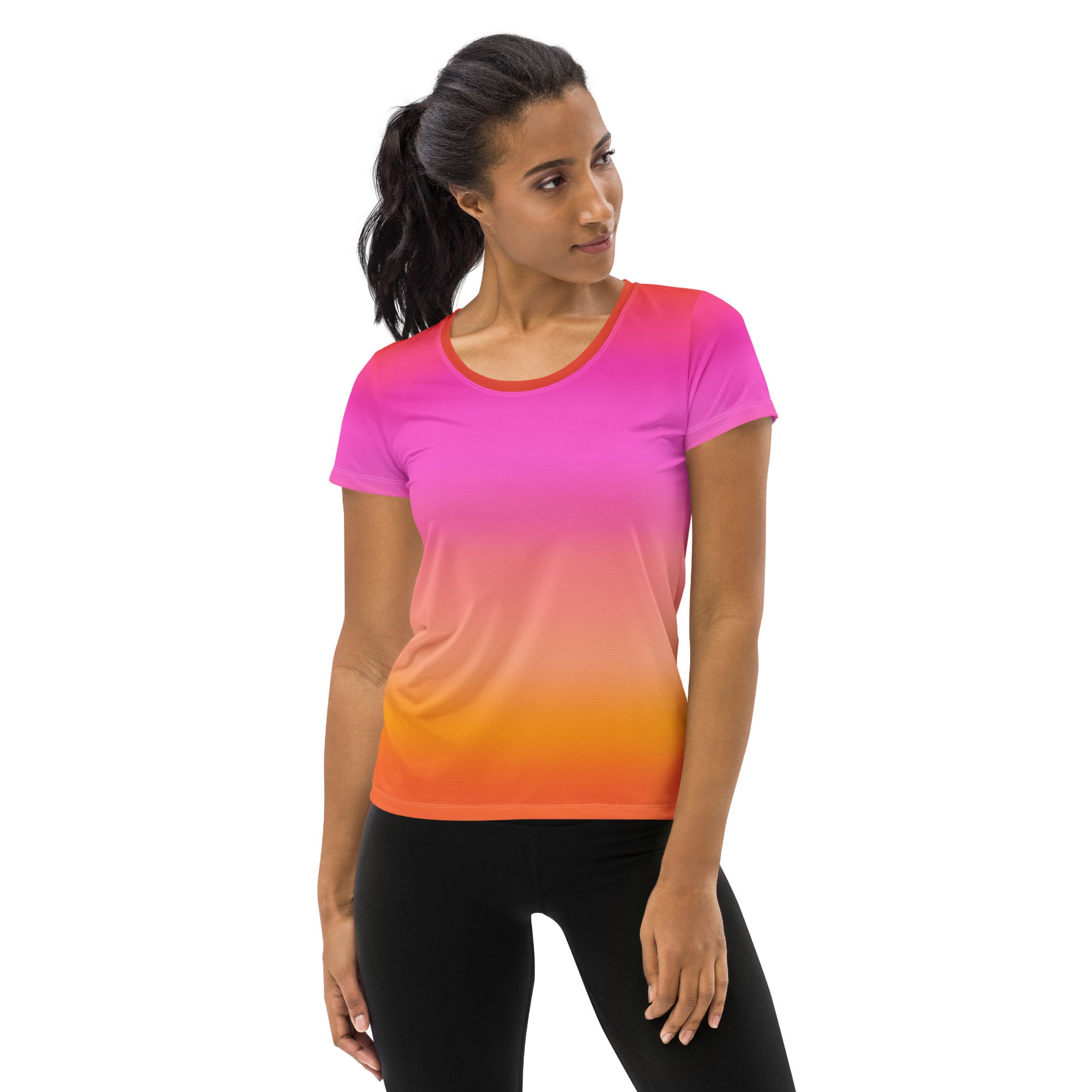 Women’s sunset ombre performance athletic t-shirt in pink to orange gradient made of breathable moisture-wicking fabric