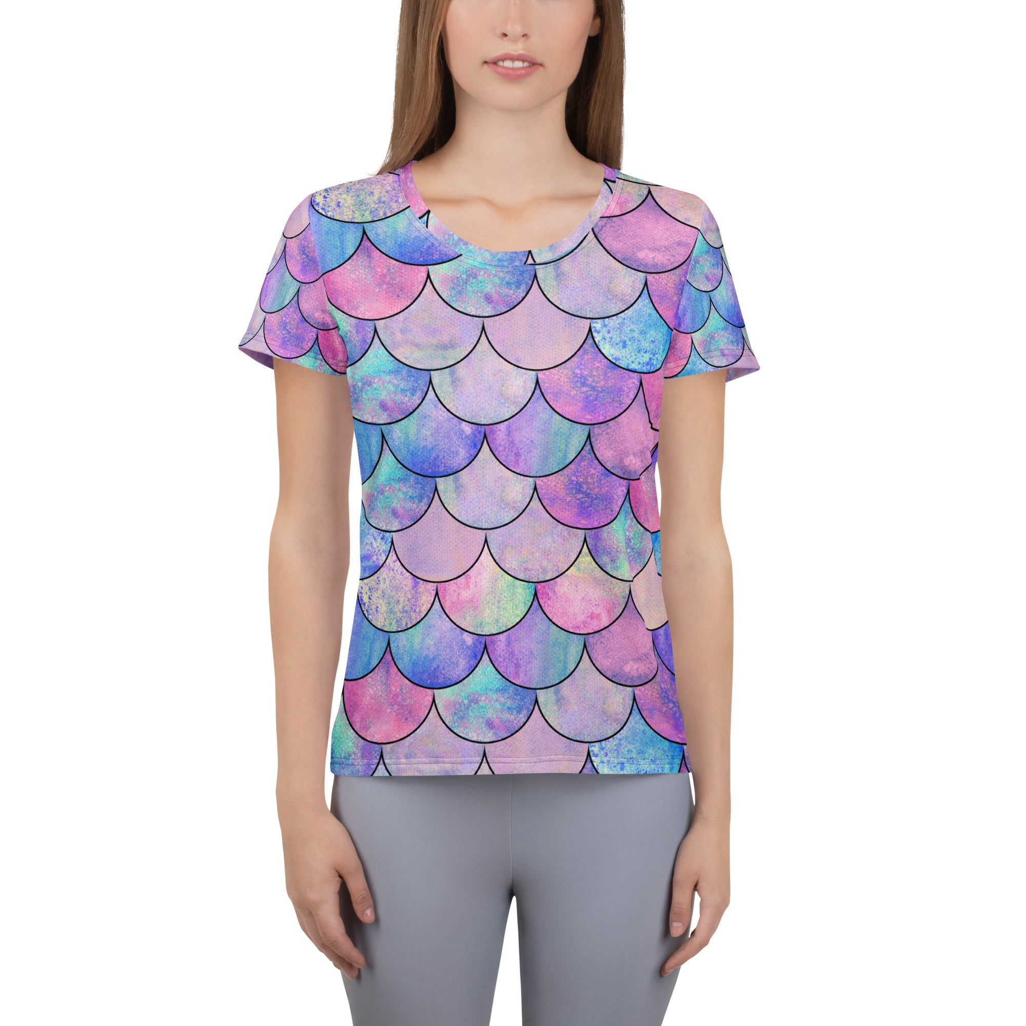 Women’s pastel mermaid performance athletic t-shirt with vibrant pink purple blue watercolor scale pattern and upf 50+